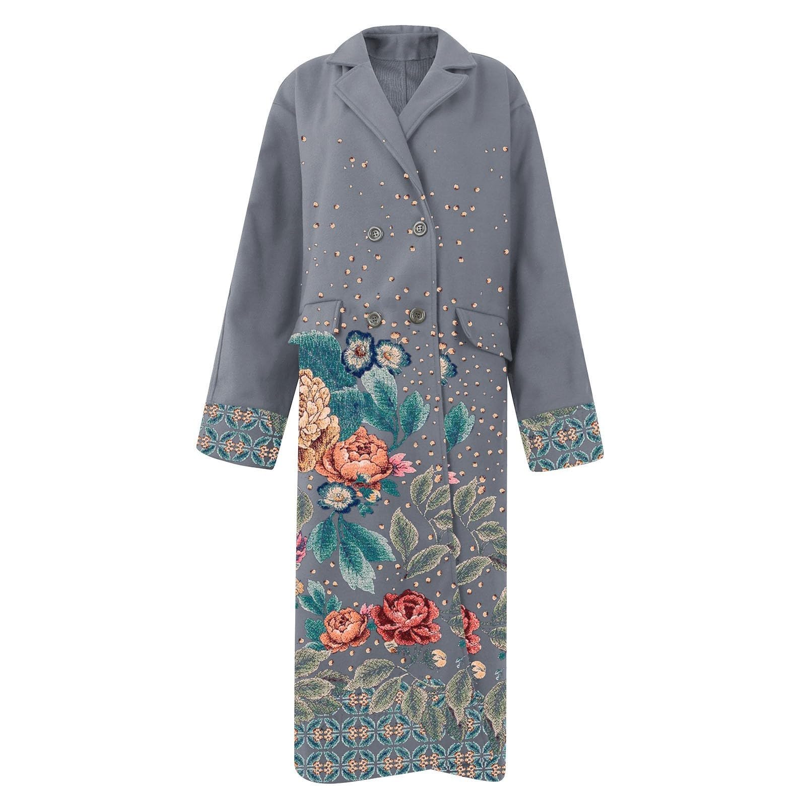 FUPODD Wintermantel Damen Elegant Lang Blumen Wollmantel Damen Winter Warm Mantel Lange Winterjacke Revers Zweireihig Trenchcoat Wolle Damenmantel Mit Taschen Tweed Mäntel Frauen Blumenmuster Coat