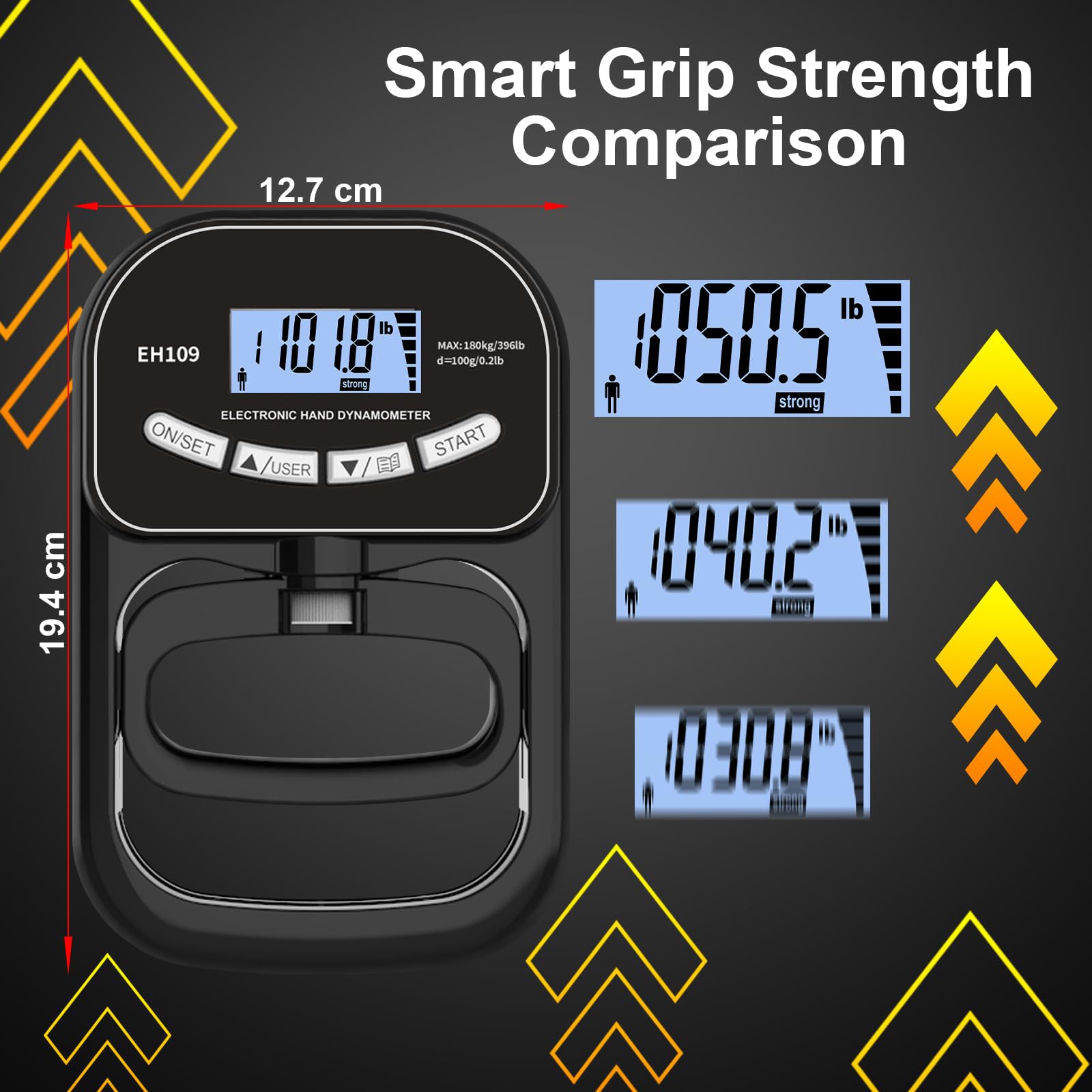 Dynamomètre numérique pour la main, capacité de 396 lb/180 kg, testeur électronique de force de préhension rechargeable, jauge de force de préhension électronique, écran LCD