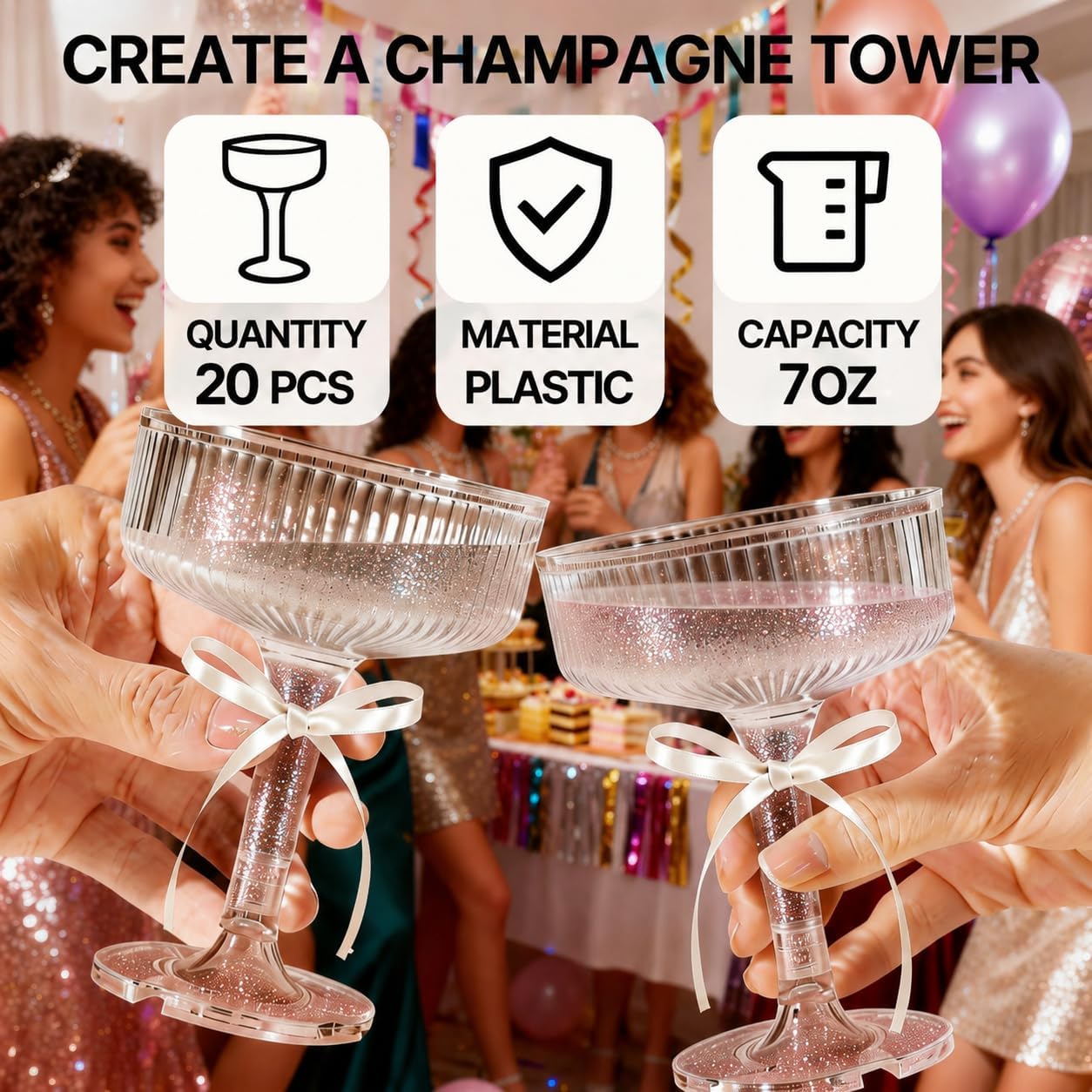 Gold Acrylic Champagne Glasses, 20Pcs 7oz Stackable Coupe Glasses