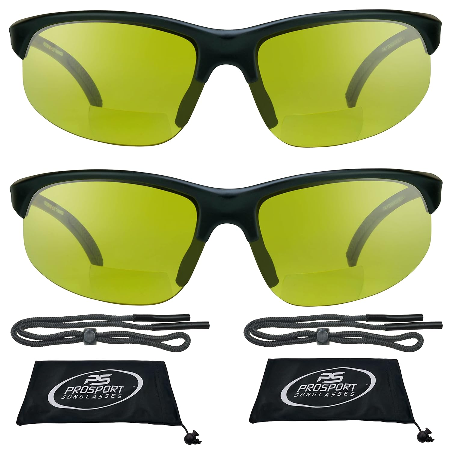 proSPORT Bifocal Reader Sunglass w Strap Half Rim Sport Night Yellow High Definition HD Smoke or Brown Lenses