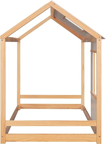 Miniatura 4 de Cama de casa individual para niños, marco de cama individual de madera con techo y ventana, para niñas y niños (tamaño individual, natural + blanco