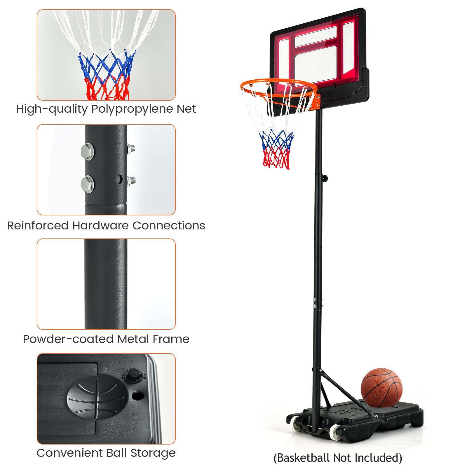 LIFEZEAL Pied de Basket sur roulettes, Panier de Basket d'Extérieur, Installation de Basket avec Hauteur Réglable 195-250 Cm, Pied de Basket pour Grands Enfants, Adolescents
