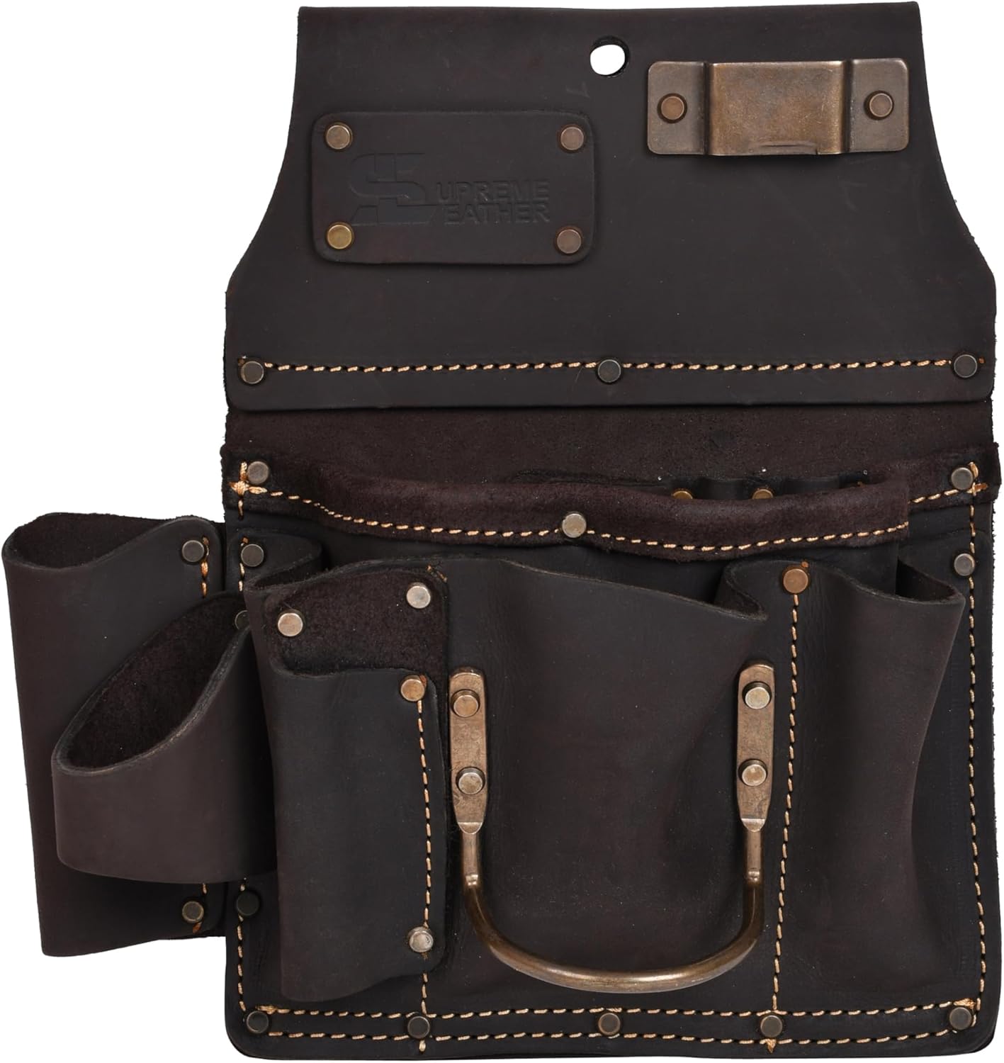 Supreme Leather 10-in-1 Drywaller's Tool Pouch | Oil-Tanned Leather | Hammer Loop & Tape Measure Clip | Belt Loops, Framing Drywaller's Tool Organizer Bag | Fits Belts Up to 3"