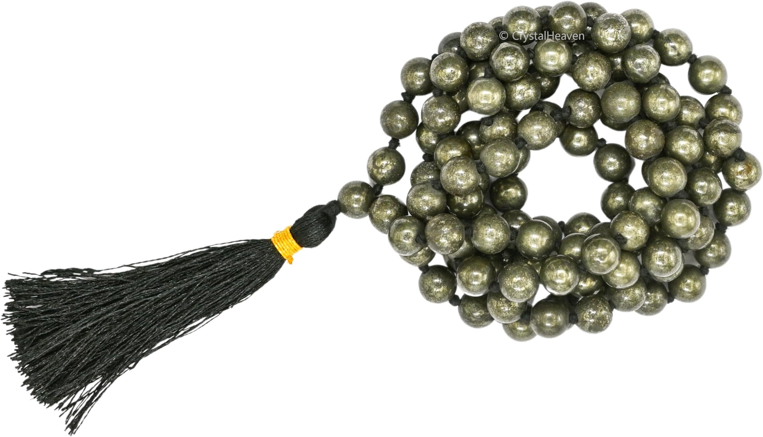 Certified Pyrite Crystal Japa Mala Ganthi - 108 Beads Buddhist Prayer Beads - AAA Grade Original Healing Gemstone Agate Mala for Yoga Meditation Spiritual Reiki Feng Shui