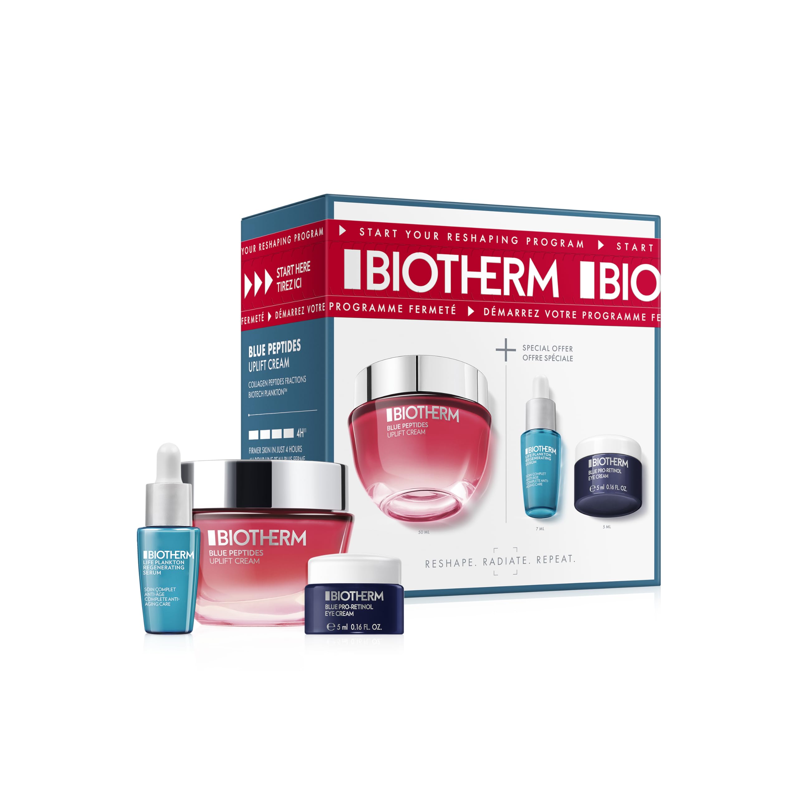 Biotherm Blue Peptides Routine Set (Plankton Elixir 7ml, Uplift Cream 50ml & Pro-Retinol Augencreme 5ml), 3-teiliges Anti-Aging Gesichtspflege-Set für reife Haut, straffend & regenerierend