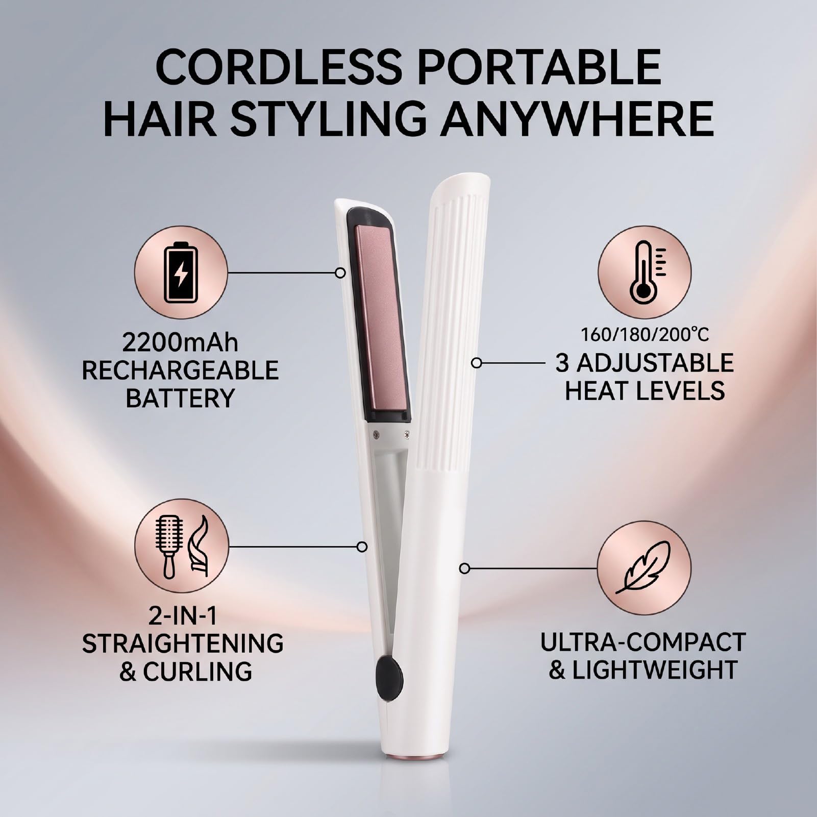 ZJchao Plancha de Pelo Inalámbrica, Mini Rizador Recargable por USB con 3 Temperaturas 160-200°C, para Viajes, Dormitorio y Salón (WHITE)
