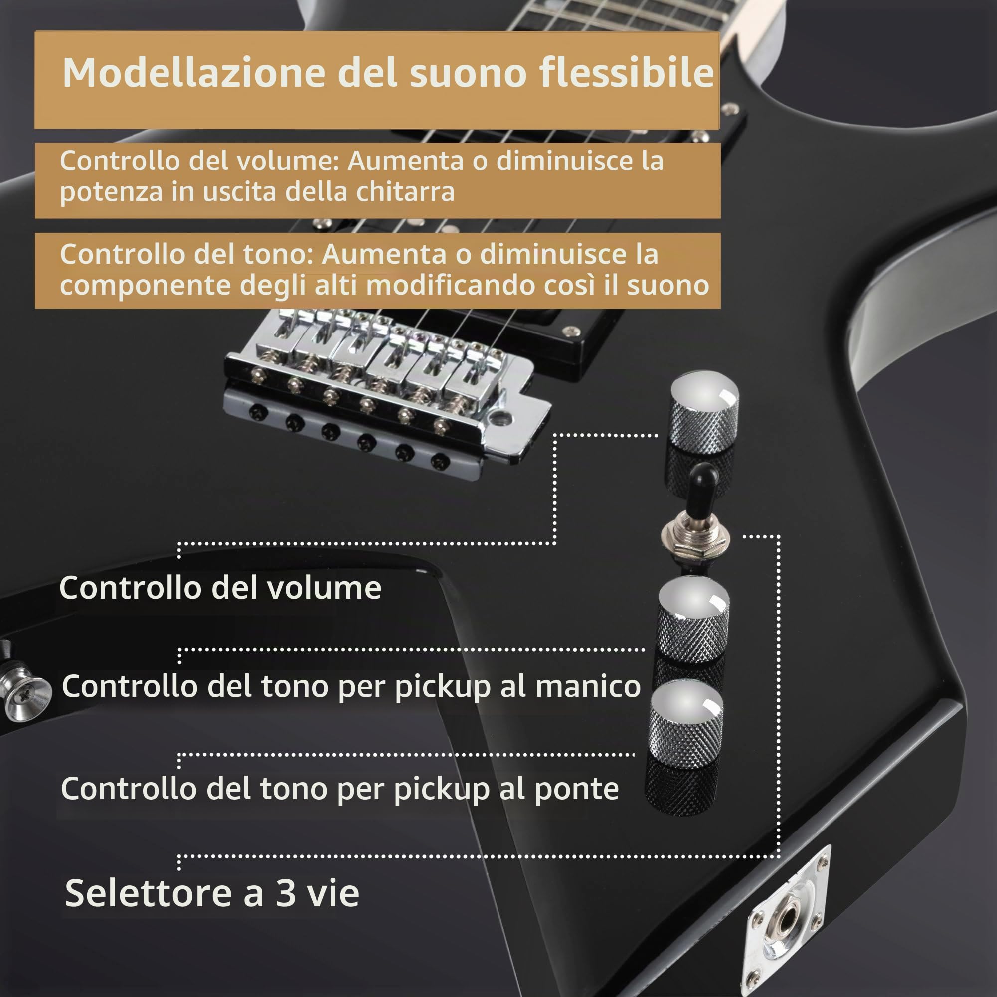 Rocktile Warhead Chitarra Elettrica AK20G Set, Modello: Warhead, Peso: 3 | Corpo: Tiglio, Manico: acero avvitato, 2 pickup humbucker, 24 tasti medi, Tastiera in legno duro selezionato, Inlays: Dot