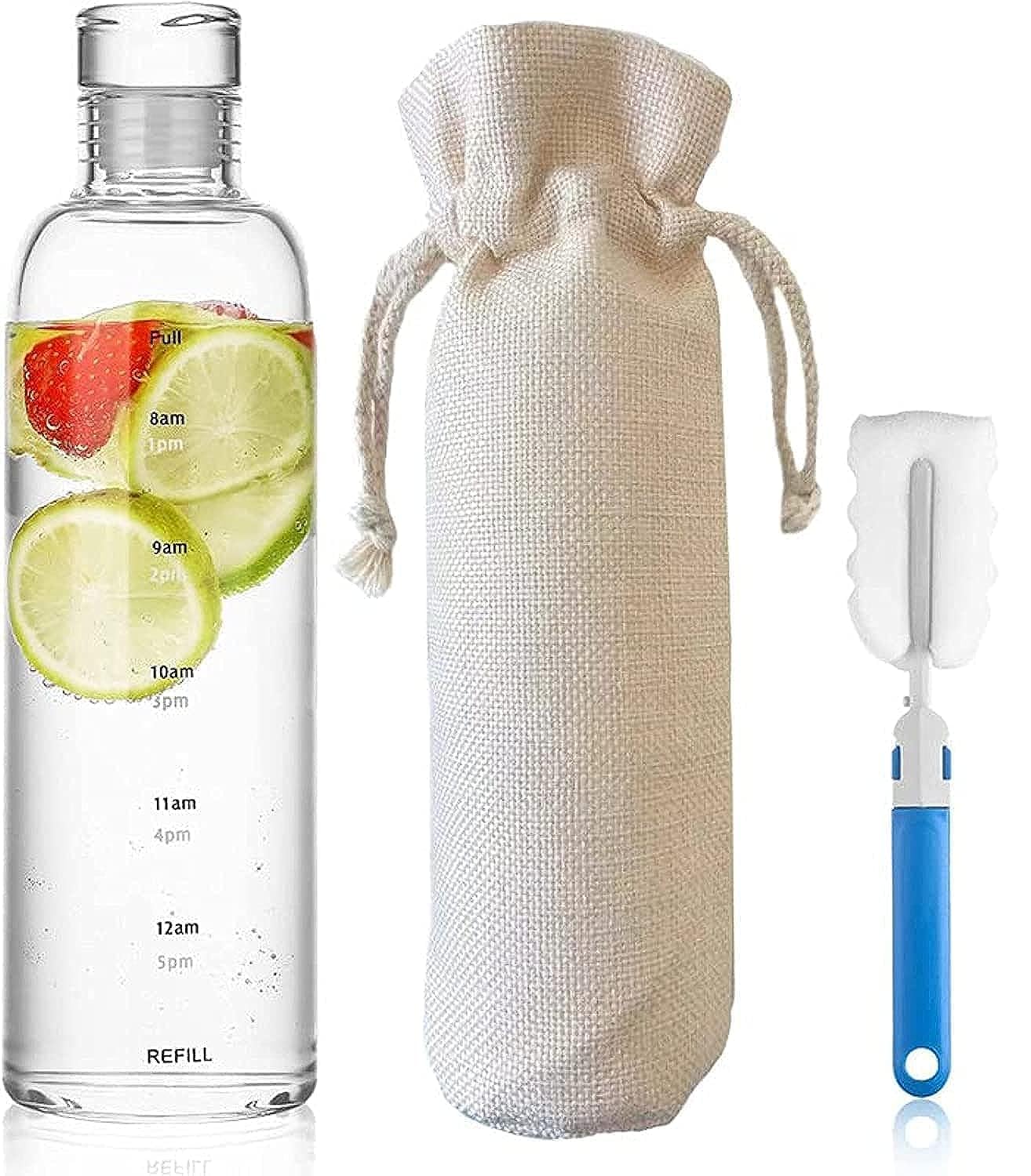 O9 O-NINE 26oz/750ml Glass Water Bottle with Time Marker, Reusable Glass Beverage Bottle Milk Bottle Juice Bottle, Glass Drinking Bottle with Protection Sleeve and Clean Brush