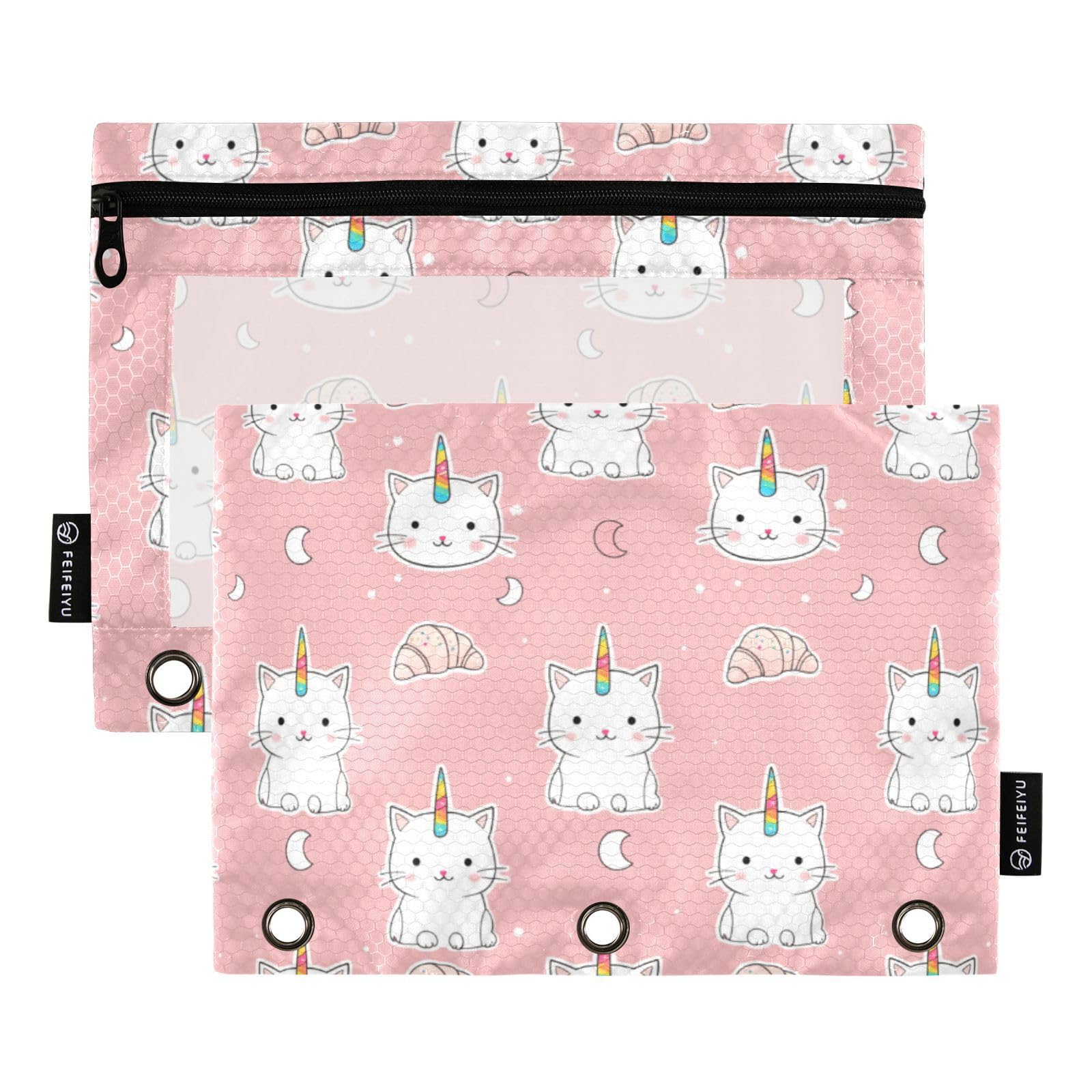 Binder Pouches 3 Ring for Boys Girls Cat Unicorn Pink Cute Zipper Pencil Pouches Case Bag with Clear Window School College Office Supplies 2 Pack