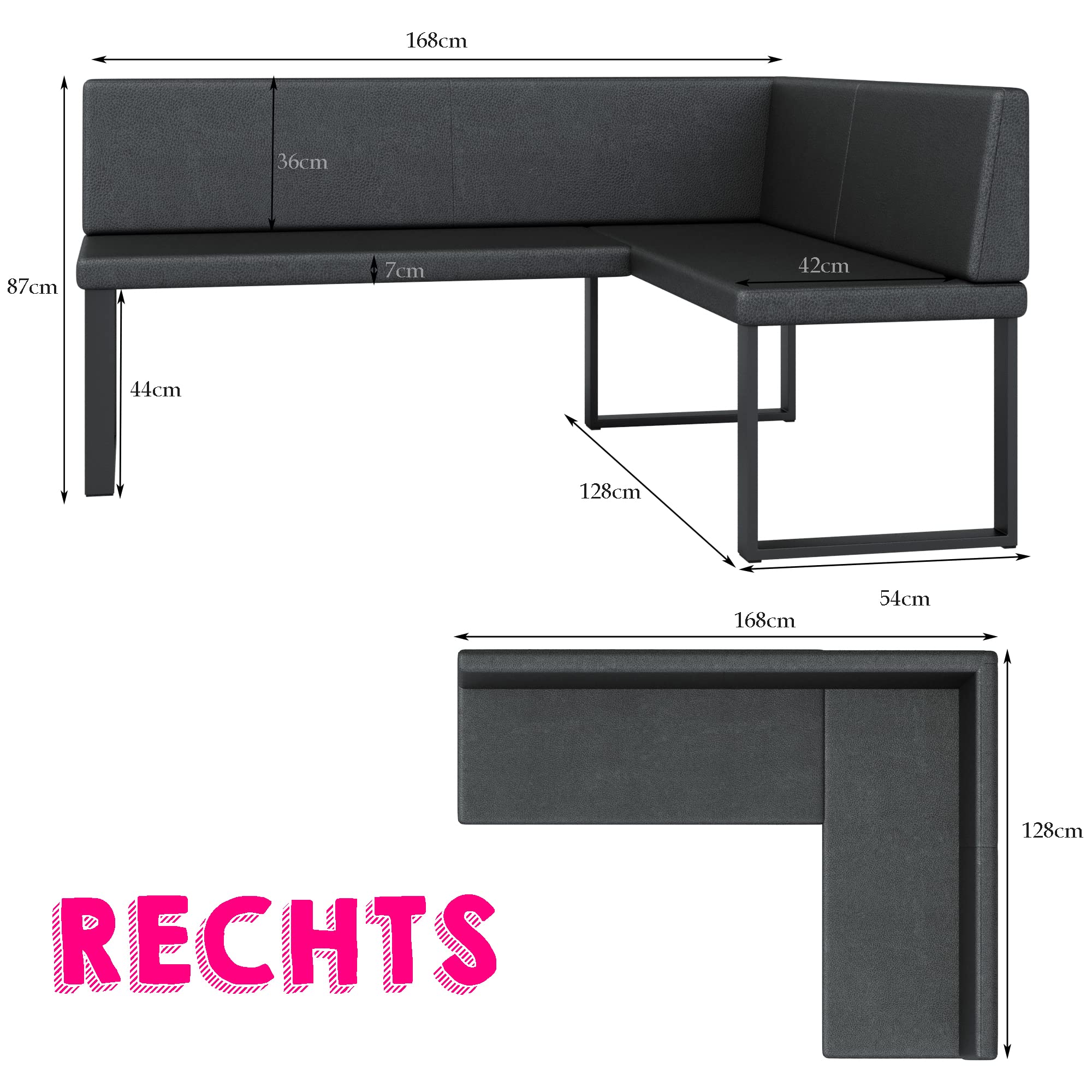 Eckbank Akiko Metal mit Tisch - Eckbankgruppe für Ihrem Esszimmer, Küche modern, Sitzecke, Essecke. Perfekt für Küche, Büro und Rezeption. Solide und Starke Verarbeitung. (Soft 18, 168x128 rechts)
