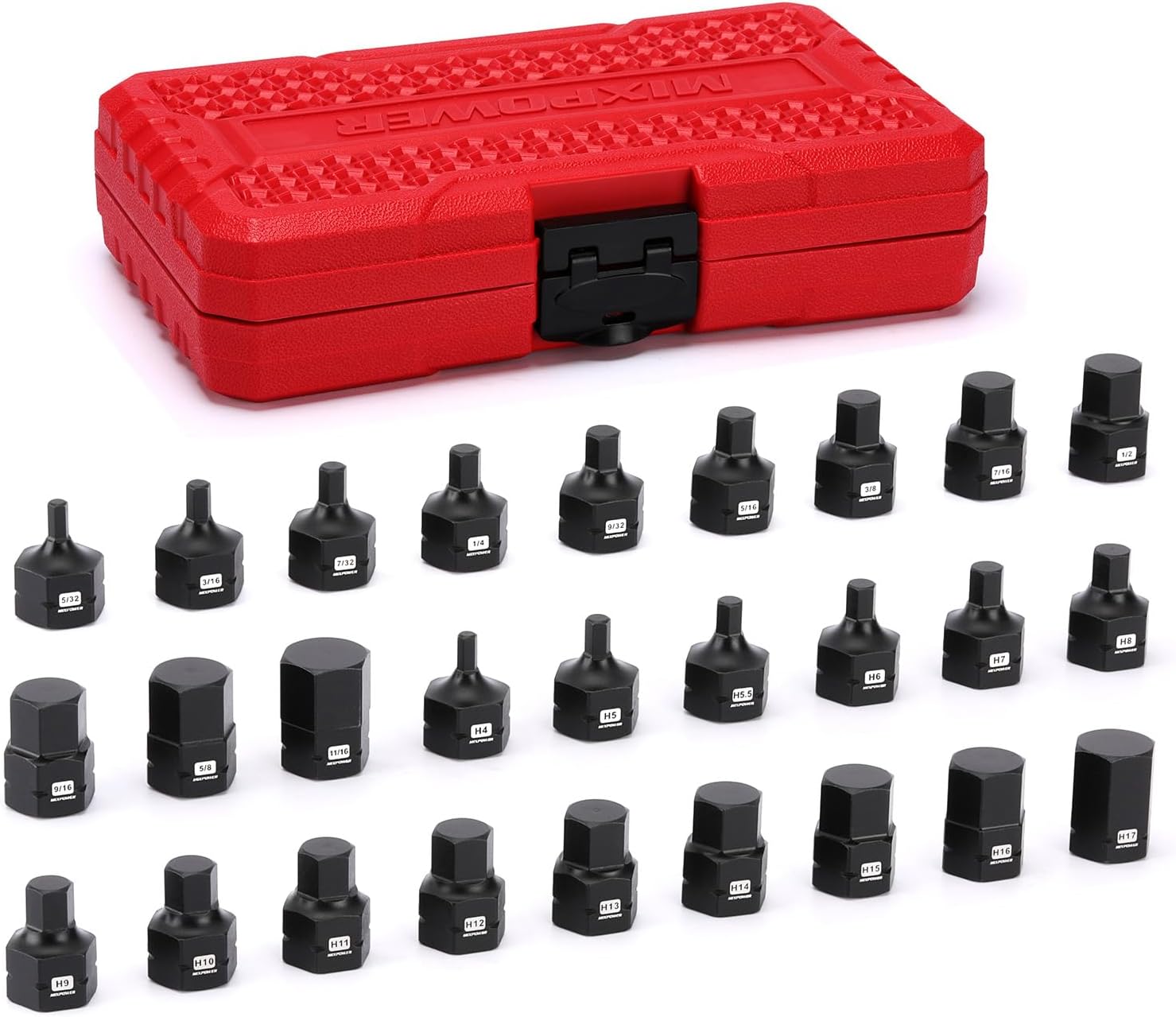 MIXPOWER 27-Piece 3/8" Drive Stubby Impact Hex Bit Socket Set,SAE/Metric, 5/32"-11/16",4mm-17mm, S2 Steel Air Drive Low Profile Allen Socket Set,Impact Grade,Anti-Roll Design