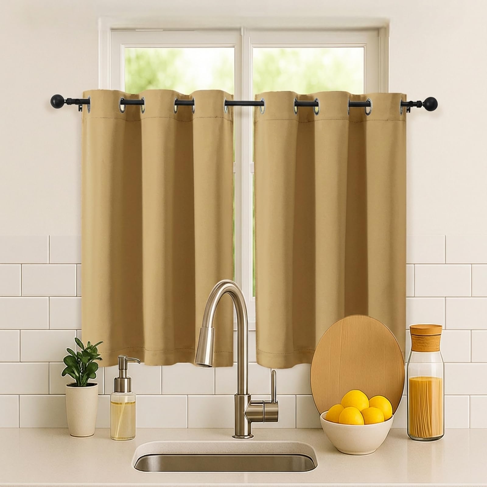 Simplebrand Gold Short Cafe Curtains 36 Inch Length 2 Panels Set, Half Window Grommet Privacy Drape Tiers for Kitchen, Thermal Insulated Room Darkening Curtains for Bathroom Shades, W40 x L36