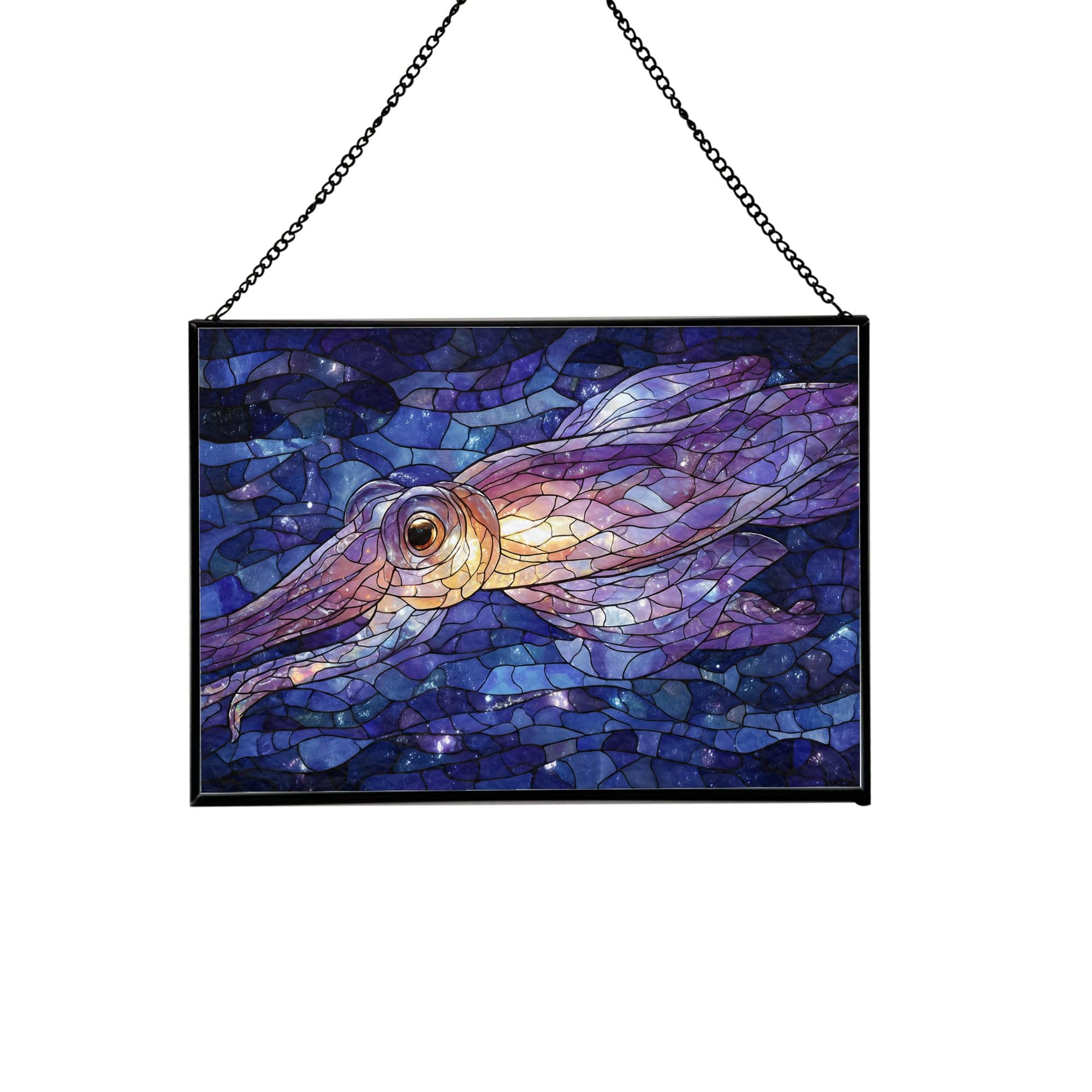 Glass Squid Ocean Animal Stained Glass Suncatcher – Rectangular Hanging Window Panel with Underwater Scene – Glass Art Gift for Coastal Decor and Sea Lovers, Christmas, Halloween 65eRQQ