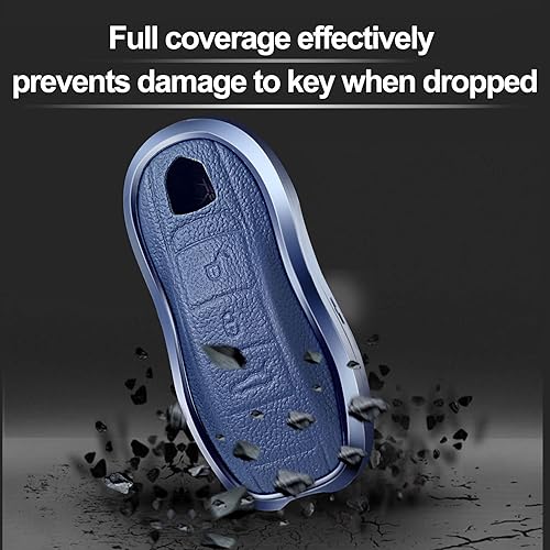 Miniatura 3 de Funda de piel azul y aluminio compatible con Porsche Macan Cayenne Panamera 911 con 3 botones sin llave (llave antigua)