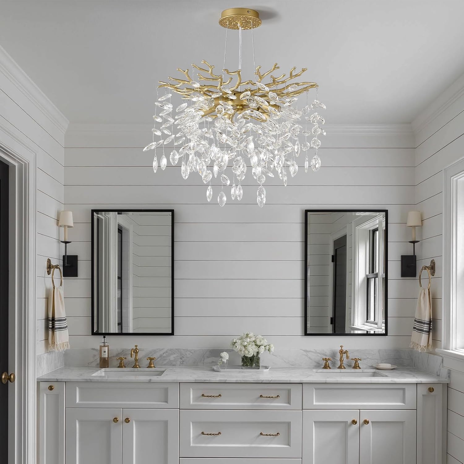 EGM Gold Tree Branch Crystal Chandelier 18-Inch, Crystal Chandelier for Dining Room 6-Light, Hanging Round Raindrop Chandeliers for Living Room E12