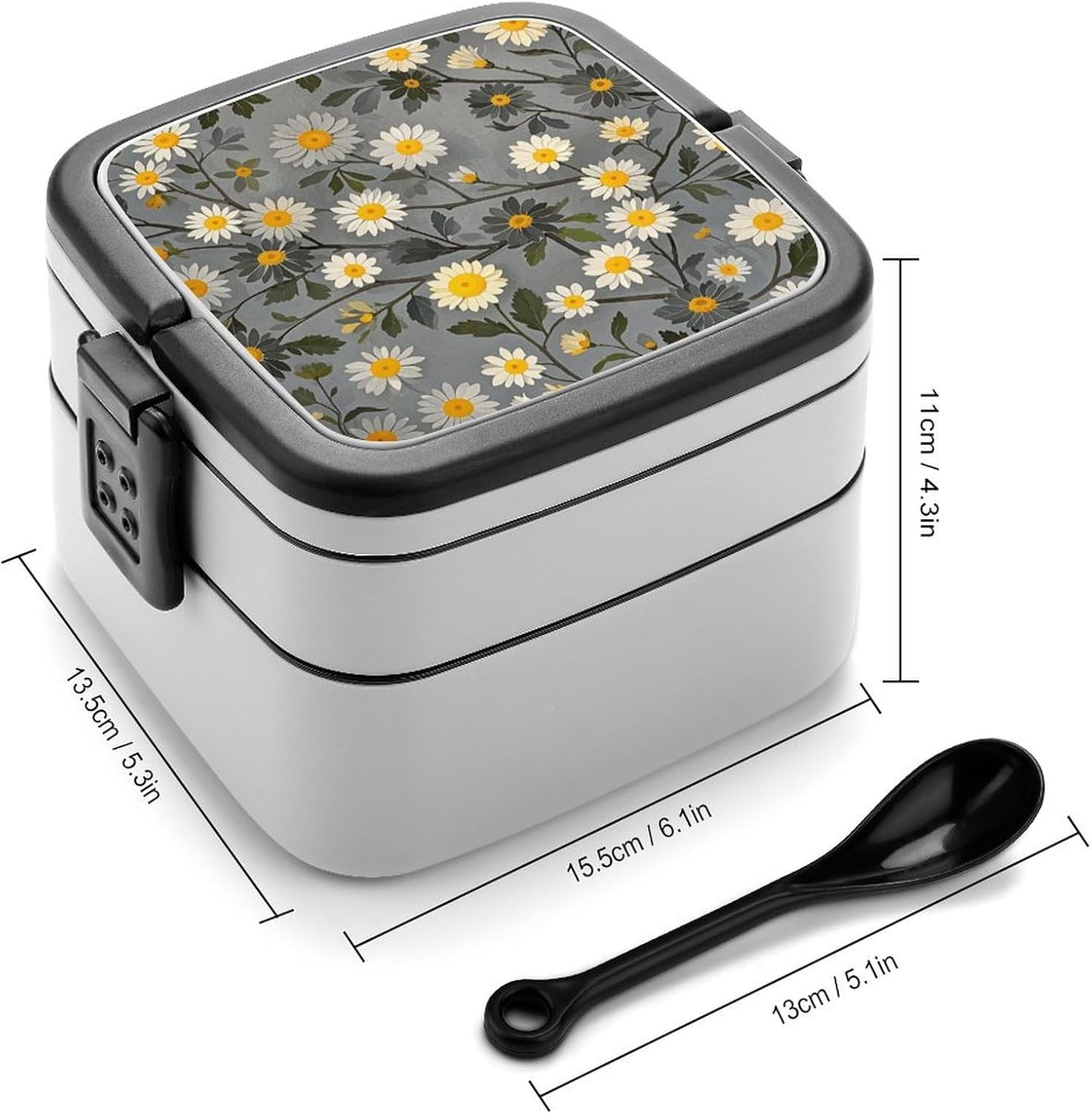 Bento Box with Spoon And Handle Gray Tree Branch Yellow And White Floral Pattern Printed Stackable Bento Box Portable Bento Lunch Box Container for Work Camping And Travel
