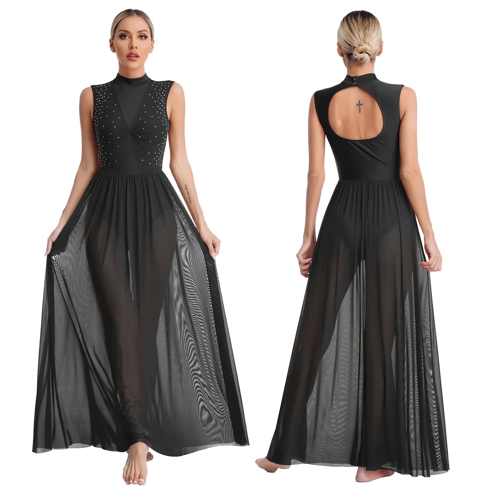 Vestido superpuesto de diamantes de imitación brillantes para mujer, para patinaje artístico, malla transparente trenzada, vestido de ballet lírico, disfraz de actuación escénica