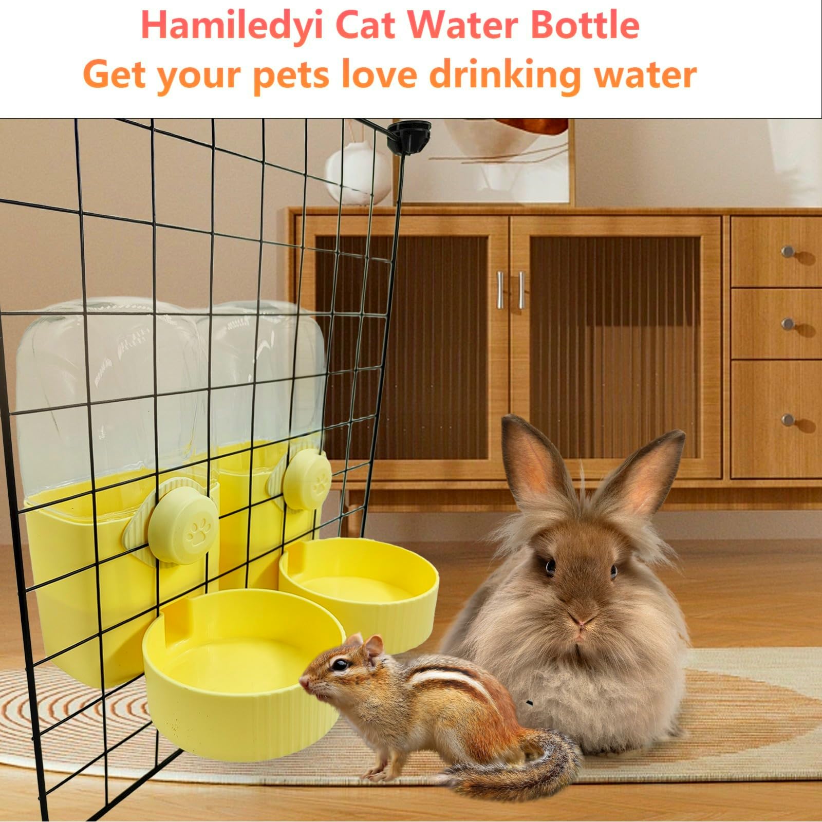 Hamiledyi Rabbit Water Bottle Hanging Automatic Water Dispenser Ferret Gravity Feeder Cage Waterer Set for Guinea Pig Hedgehog Bunny Kitten 33oz (Cream Yellow, Water)