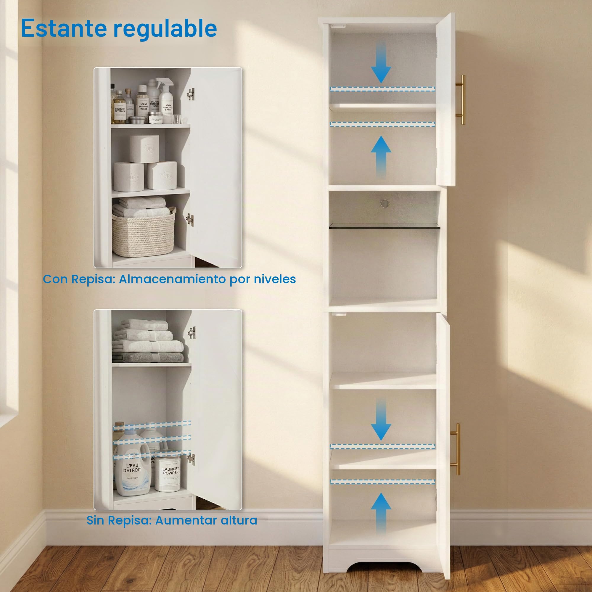 Armario Baño Estrecho con LED, 170x40x30 cm, Mueble Baño Madera, Estantería Nicho con Estantes Cristal Regulables, Armario Alto Multifuncional para Salón, Dormitorio y Baño