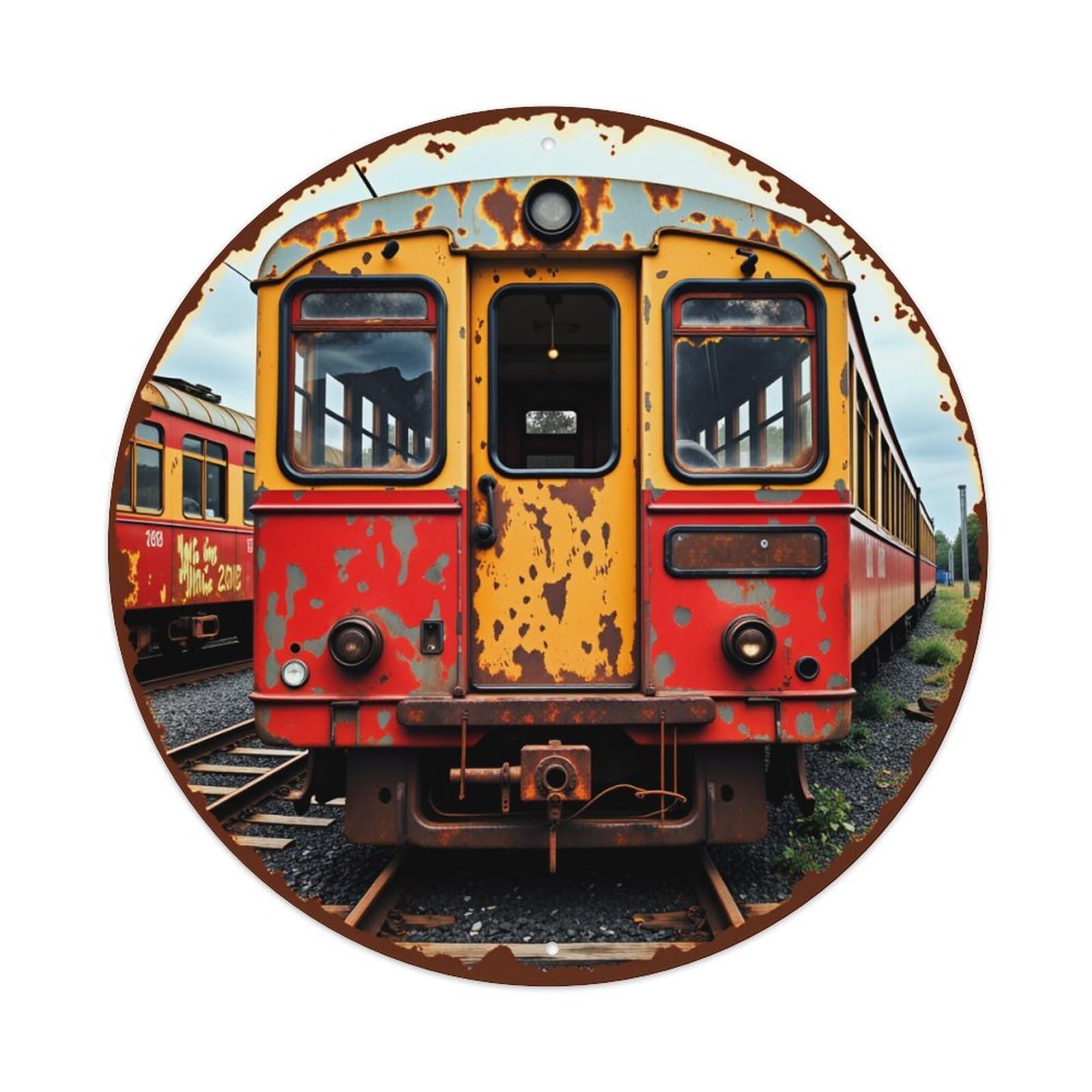 Rusty Train Front View Pattern Vintage Metal Tin Sign Retro Wall Decor for Home Bar Garage Cafe, Indoor & Outdoor Decorative，circle Metal Poster, 8x8 Inch
