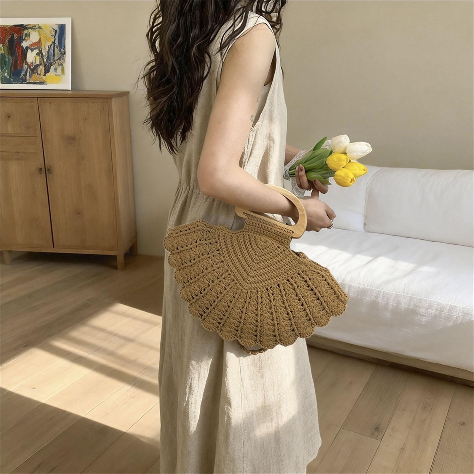borsa donna estiva Borsa estiva in paglia intrecciata for donna a mano in legno con manico superiore Clip a tracolla retrò bohémien