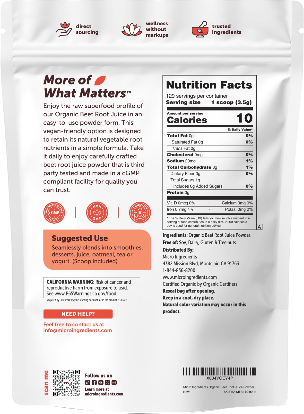 Micro Ingredients Organic Beet Root Juice Powder, 1 Pound | Water Soluble, Raw Beet Supplement | Powder Drink Mix for Smoothies & Recipes | Non-GMO, Vegan Friendly, Plant Based — Amazon image 7