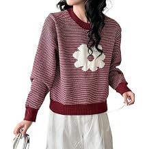 Women's Floral Pattern Crewneck Long Sleeve Sweaters Trendy Vintage Y2k Knit Pullover Tops Cute Fall Outfit