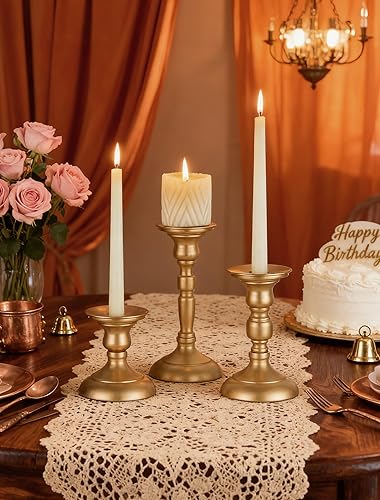 Miniatura 7 de Sziqiqi Portavelas dorados decorativos candelabros para pilares, juego de 3 portavelas cónicos para mesa de boda, chimenea, mantel de vacaciones