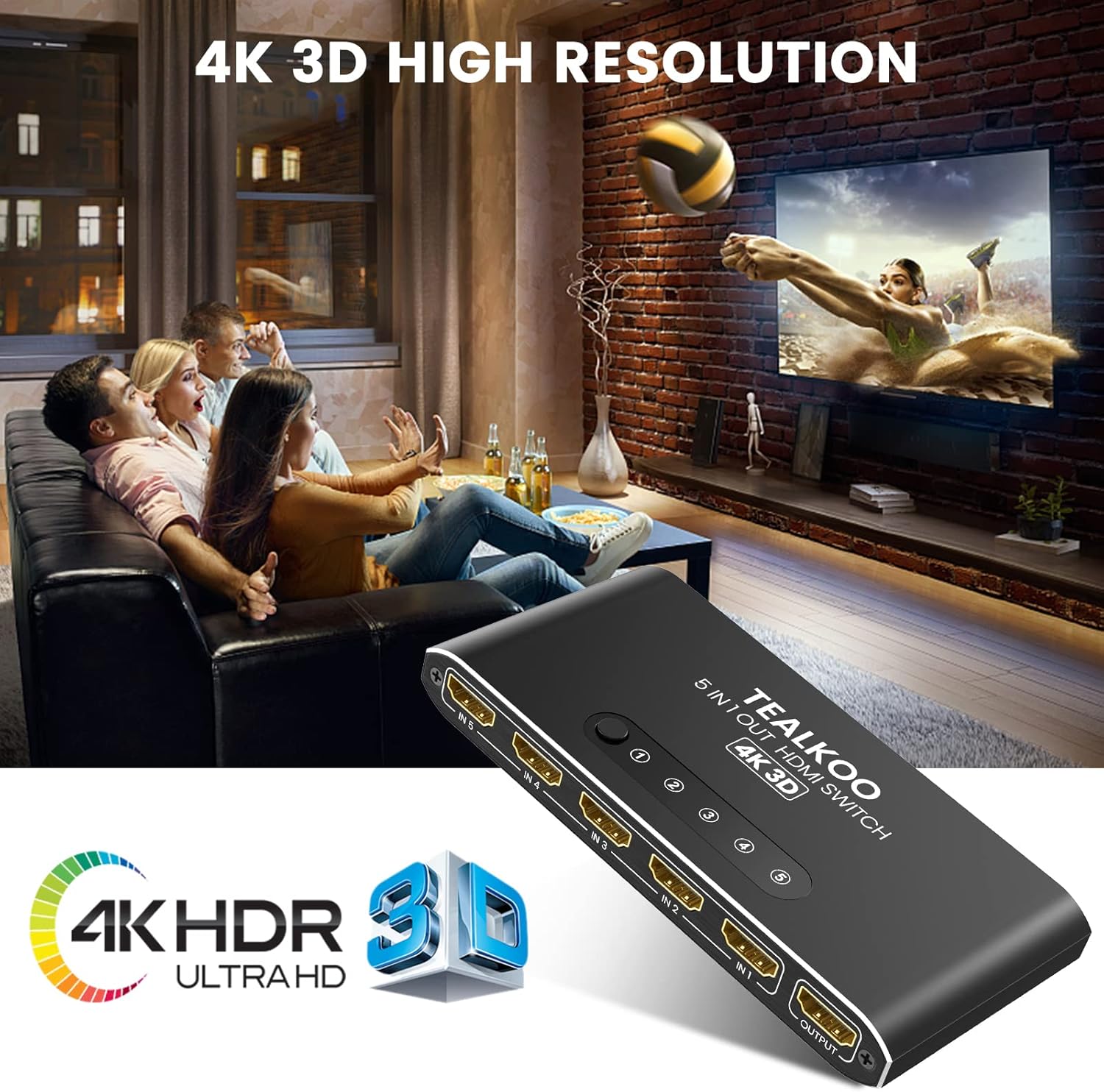 People watching a high-resolution 4K 3D video on a TV, with the HDMI switch in the foreground