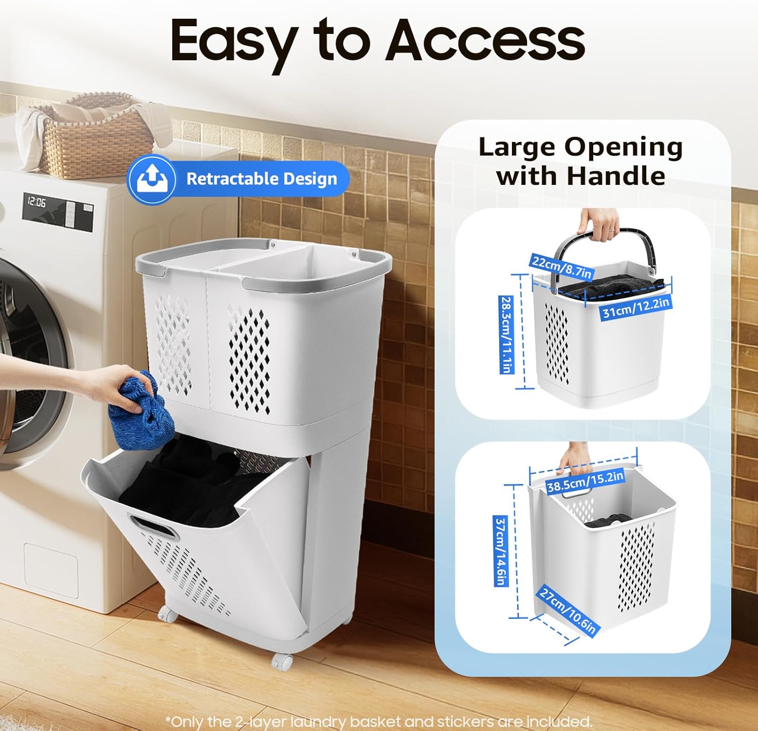 Multi-Functional Laundry Hamper 3 Section With Wheels, Rolling Laundry Hamper Cart For Clothes Storage, 2 Tier White Laundries Baskets For Laundries Hampers, Bedrooms,Laundry Rooms