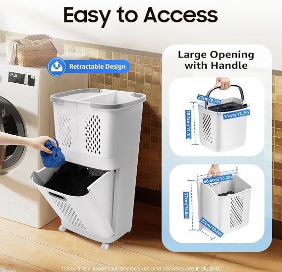 2-Tier Movable Laundry Hamper Basket Sorter with Wheels & Handle - Large Capacity Hand-Held Organizer for Bathrooms, Bedrooms