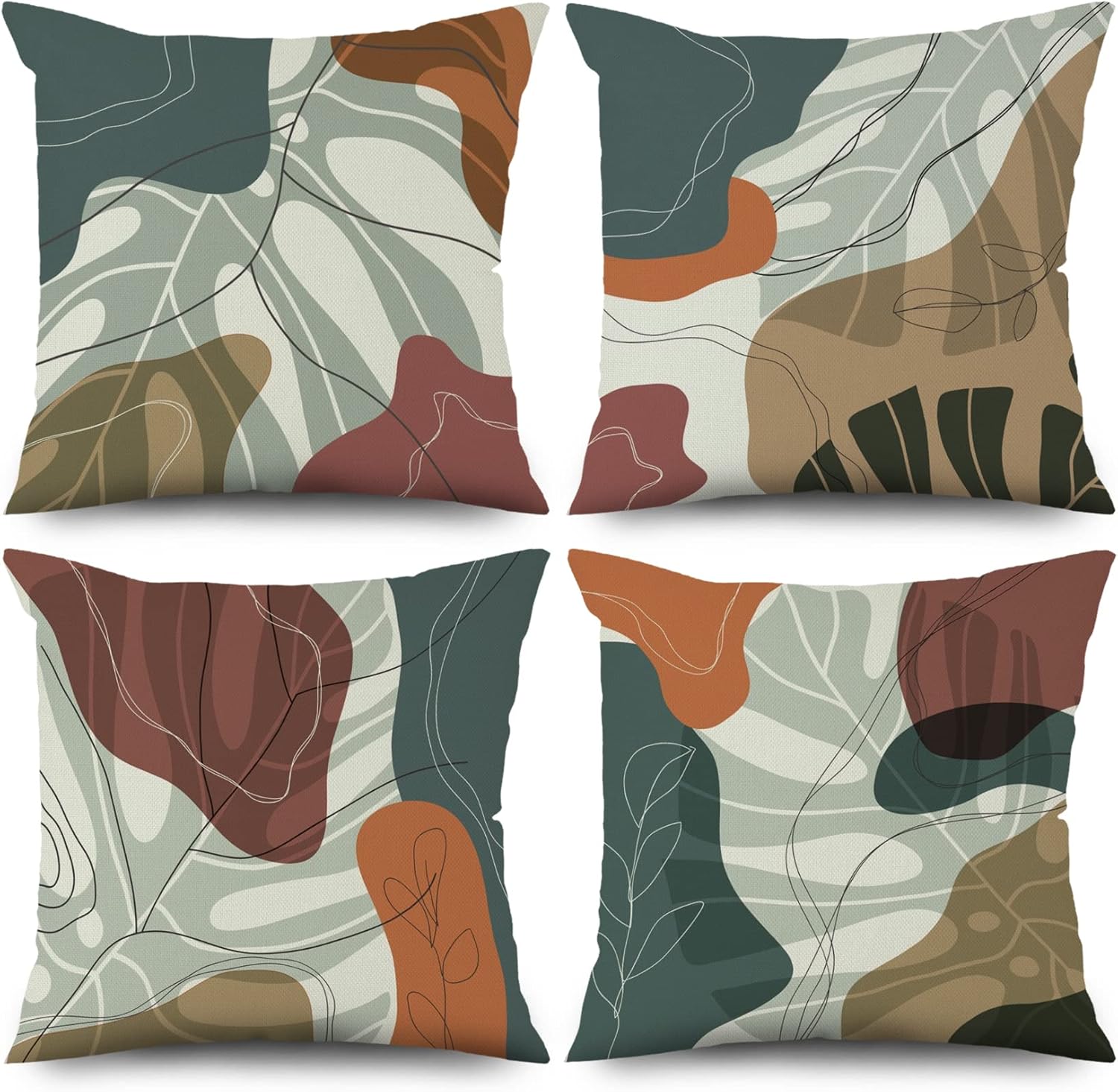 Yeele 18x18inches Modern Geometric Pillow Covers Abstract Line Leaf Petals Throw Pillow Cover Set of 4 Linen Square Cushion Case for Sofa Couch Patio Bed Living Room Outdoor Home Decorations