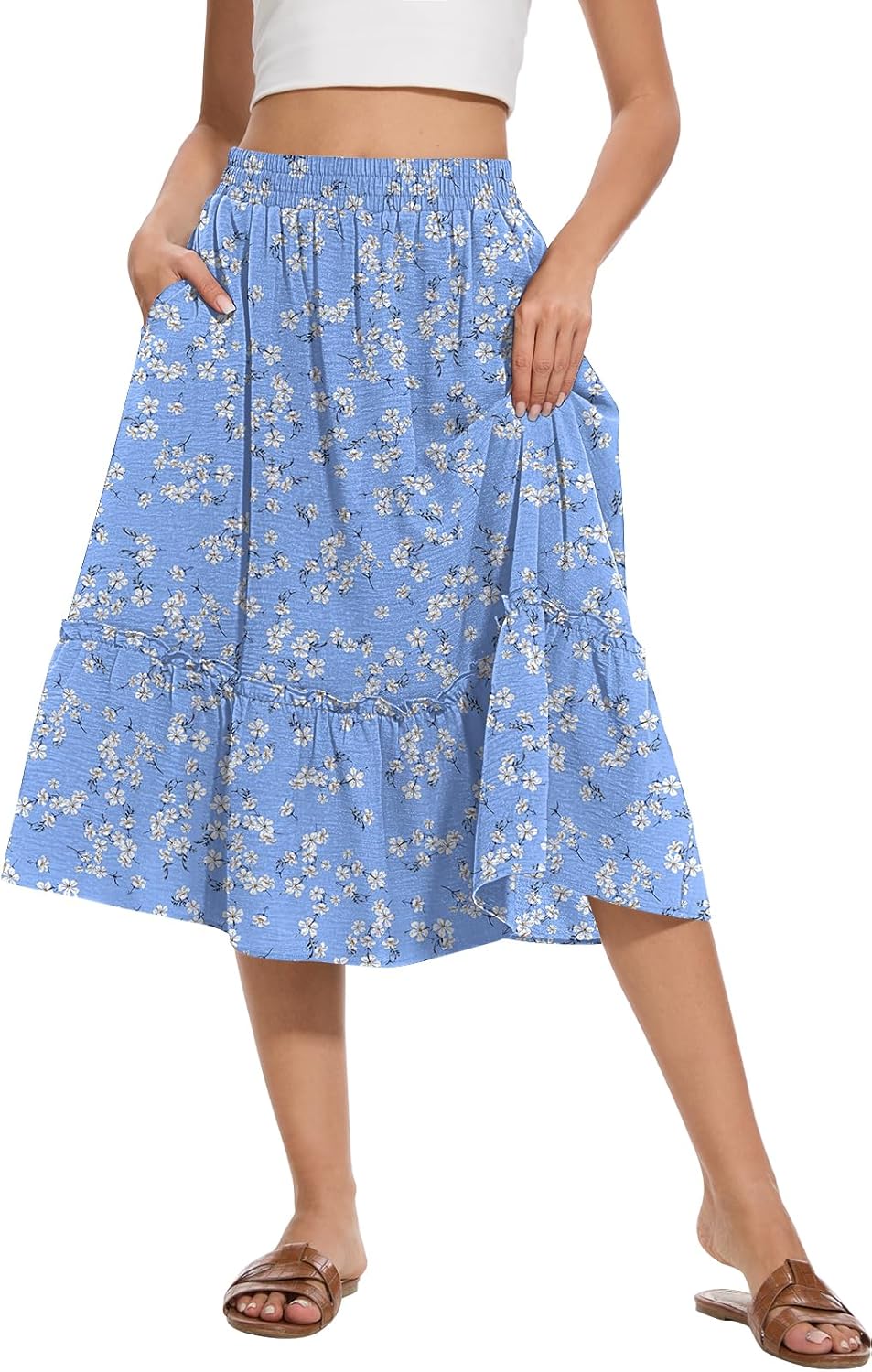 Women's High Waist Midi Skirts Summer Flowy Tiered Skirt with Pockets - Image 4