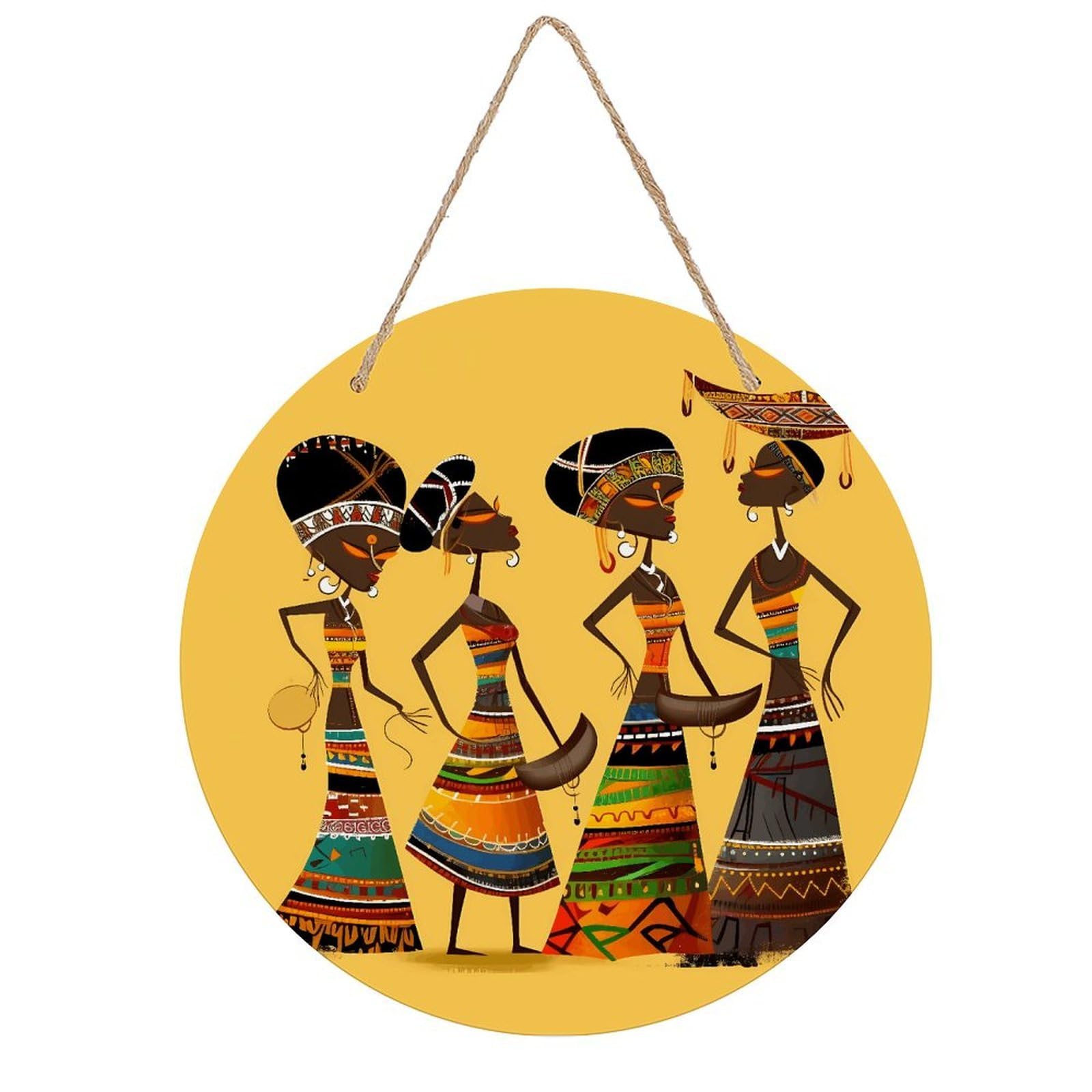 VstaDank Creative African Culture Wall Decor Round Wood Hanging Sign 7.9x7.9 in Wooden Circle Door Hanger with Ropes, Rustic Wall Art Decor for Home Front Door Indoor Outdoor Decoration