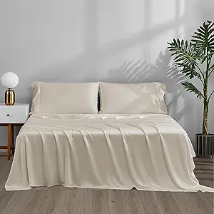 ACCURATEX Cooling Sheets Queen Size - 100% Viscose Made from Bamboo, Luxury Cool Silky Sheet Set for Queen Size Bed, Super Soft Breathable Bedding Sheets up to 16 inches Deep Pockect, Beige