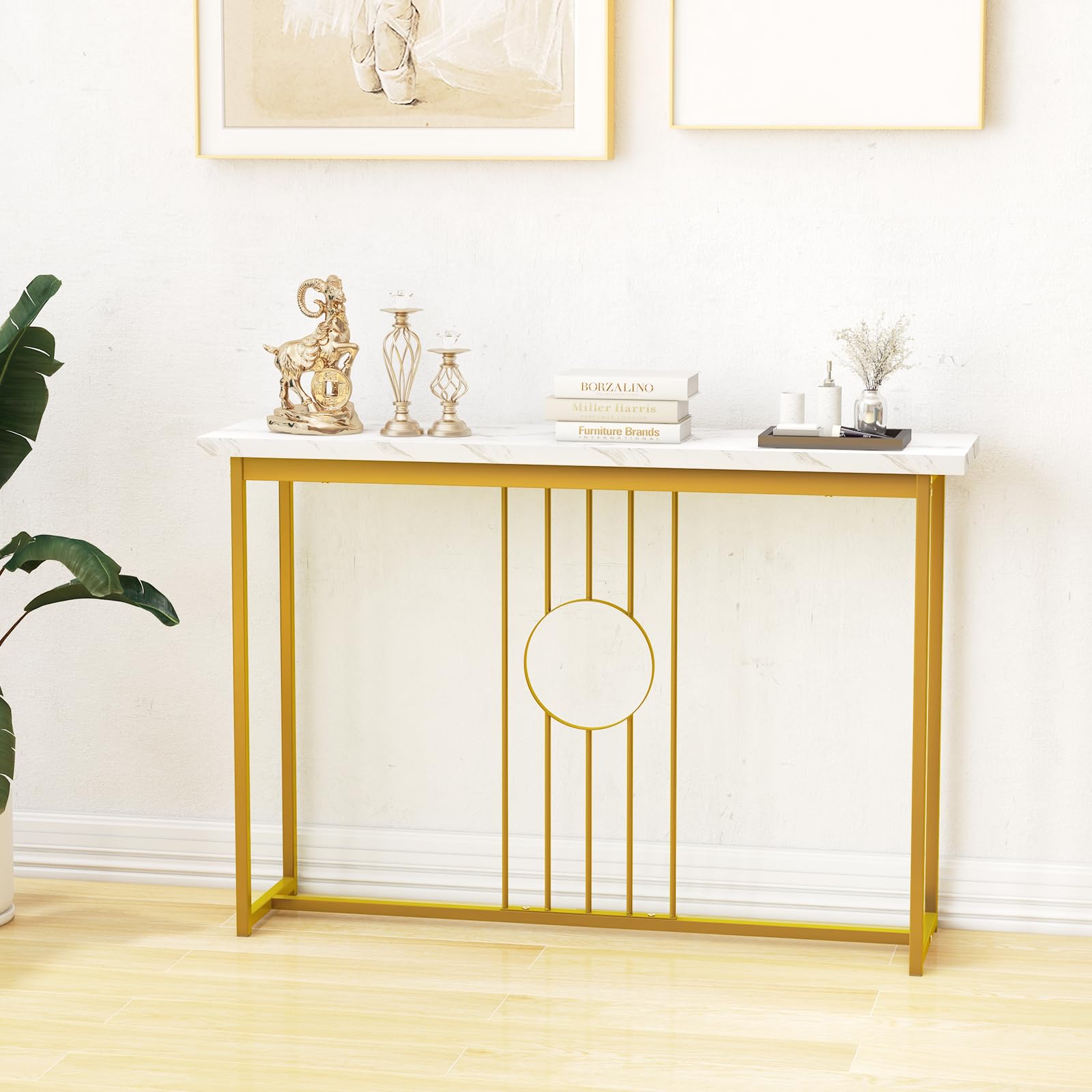 GIANTEX Tavolo Console da ingresso, ingresso stretto con piano in marmo imitazione e struttura in metallo dorato, tavolo laterale da 120 cm per corridoio, soggiorno, 120 x 30 x 80,5 cm