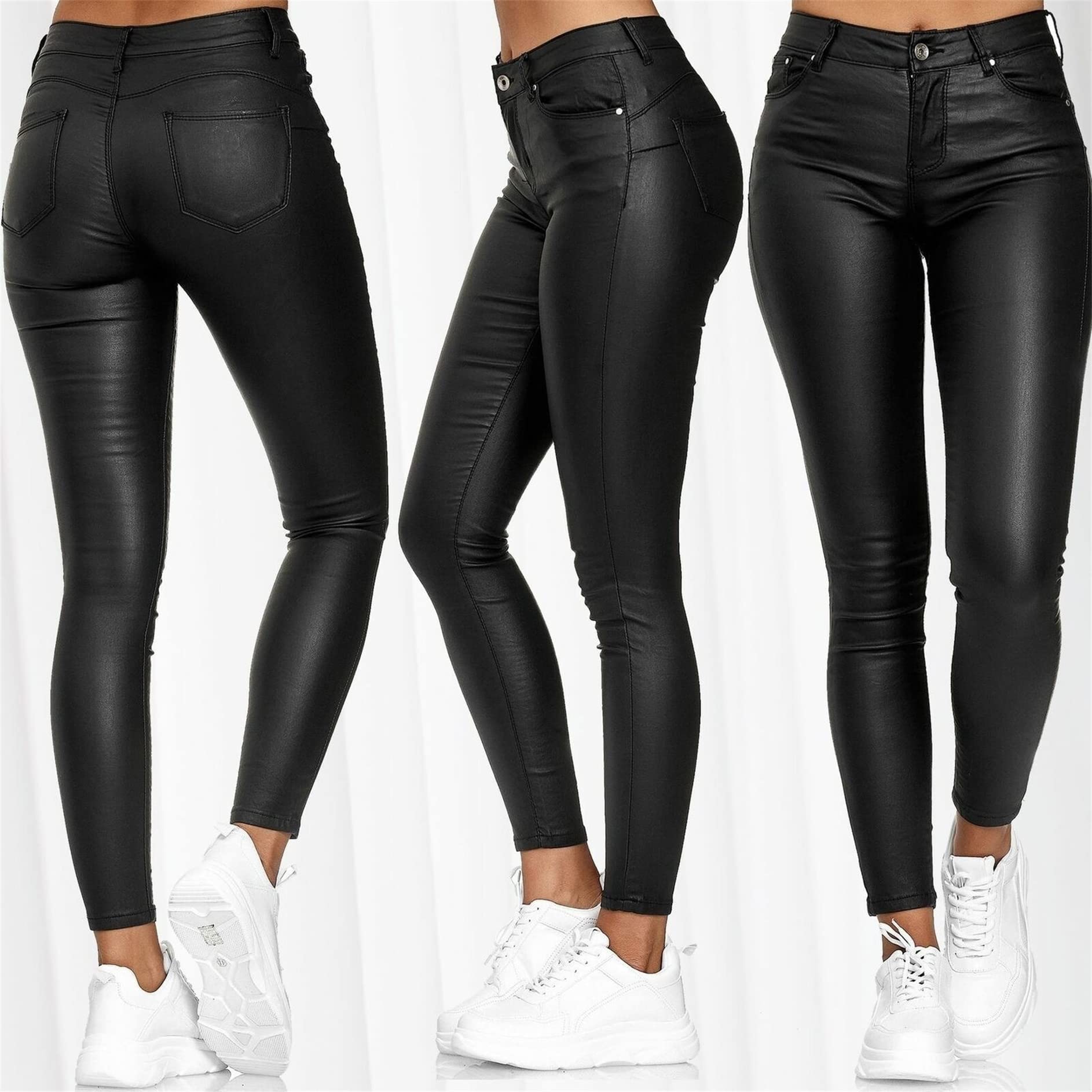Damskie seksowne spodnie ze sztucznej skóry Push Up stylowe obcisłe legginsy slim fit wyglądające na mokre legginsy ze sztucznej skóry (czarne 3XL)