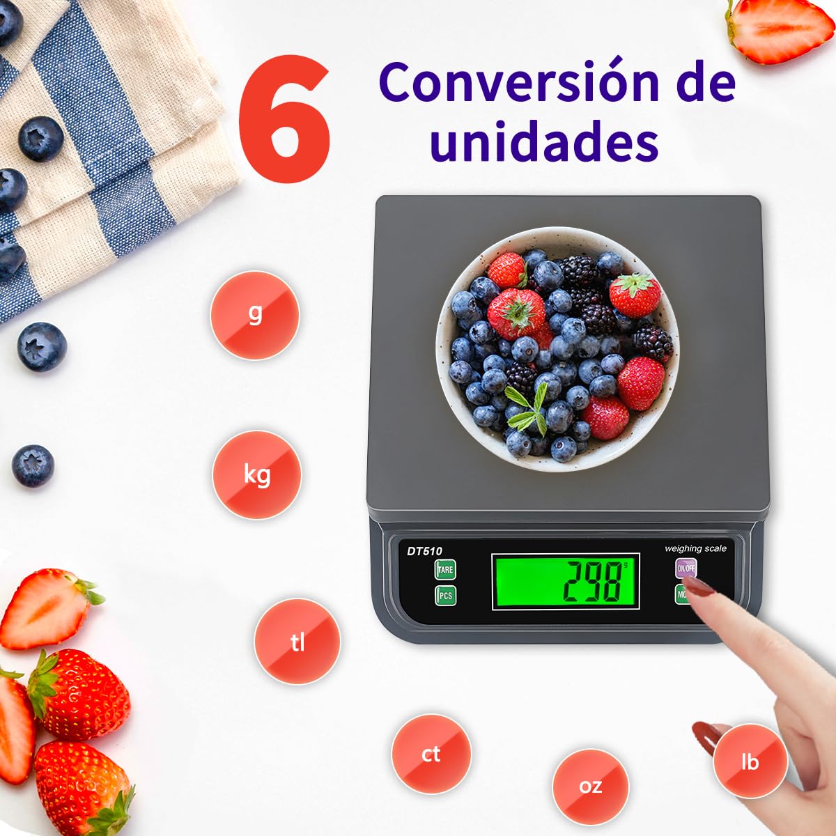 bascula de Cocina 30kg/66lb bascula Profesional panaderia para Peso Fruta bascula panaderia con Función Tara y PCS 6 Unidades g/oz/LB/kg/TL/CT bascula Cocina Grande
