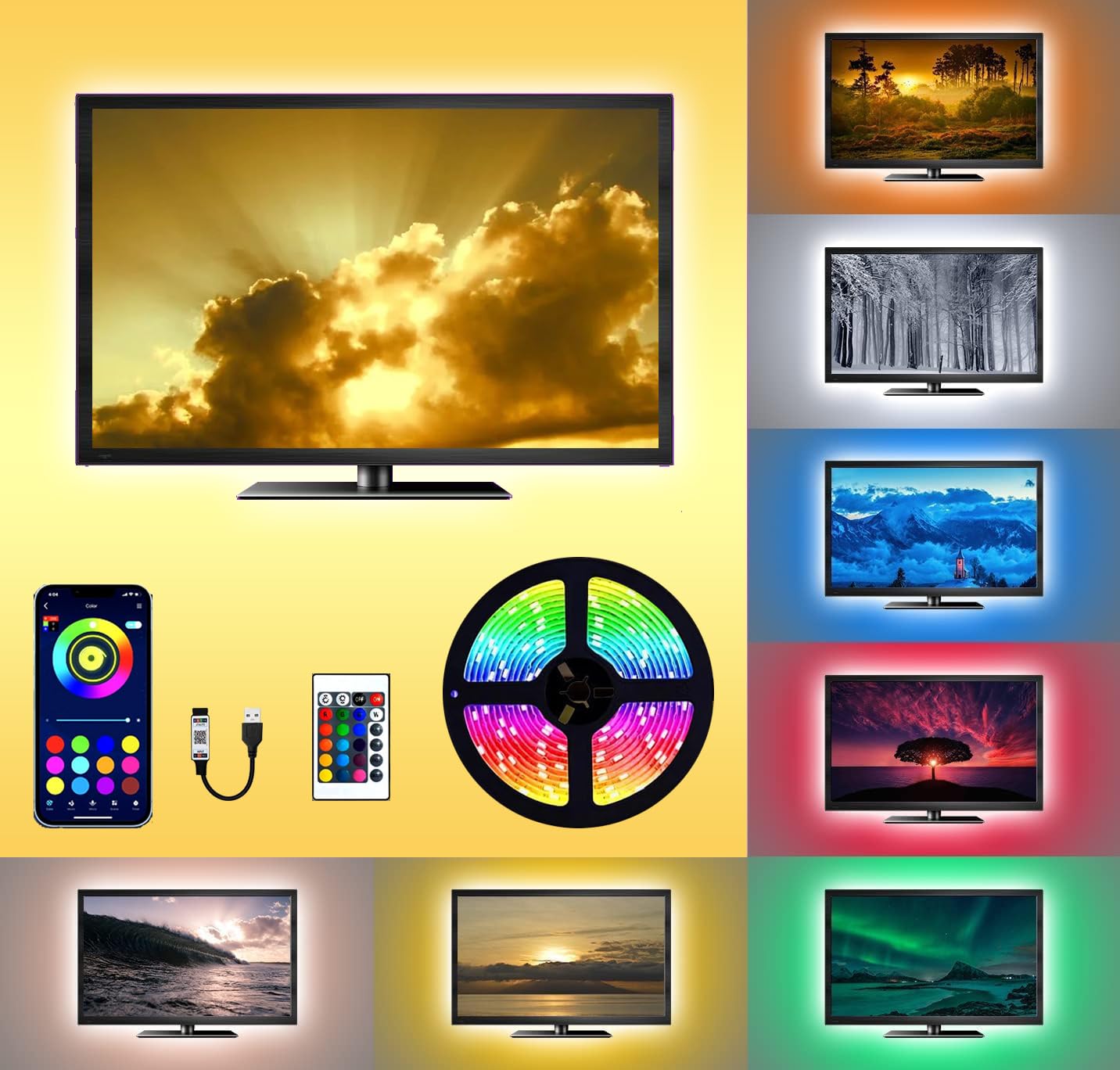 One94Store USB 5V 5050 RGB LED Strip Light for TV Backlight, Bluetooth & Remote Controlled, Multi-Color Changing LED Lights Kit, USB Powered for TV, PC, Laptop, Gaming Setup (2M for 32-40 Inch TVs)