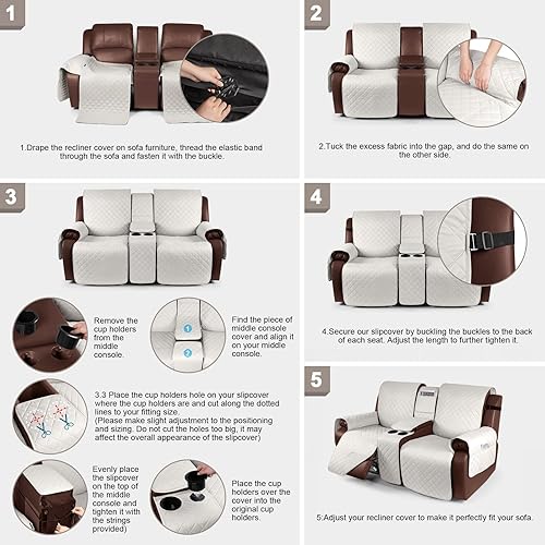 Miniatura 7 de KinCam Funda 100% impermeable para sofá biplaza reclinable con consola, fundas antideslizantes para sofá reclinable de 2 asientos, funda protectora