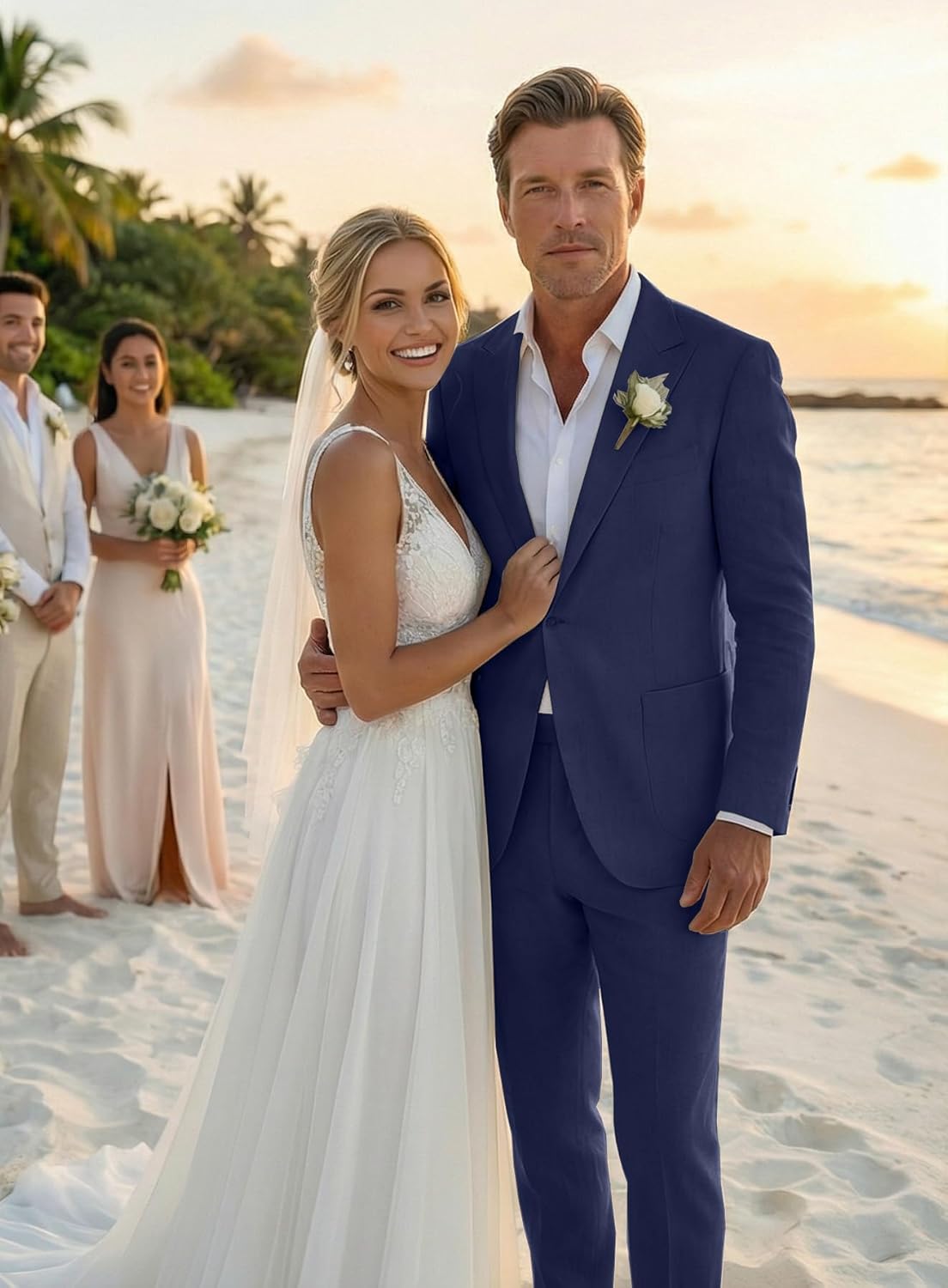 Men's Linen Suit 2 Piece Set Men Slim Fit Suits Business Beach Groomsmen Wedding Casual Prom Tuxedo Blazer Jacket Dress Pants