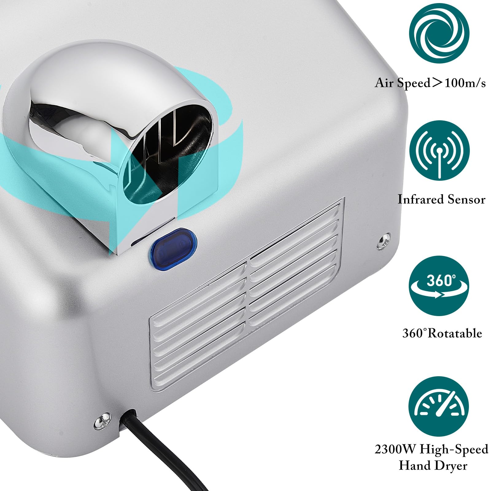 Secador de Manos Comercial, Secador Eléctrico de Pared de Alta Velocidad, 2300W, con Sensor Automático para Baños, Aseos Públicos