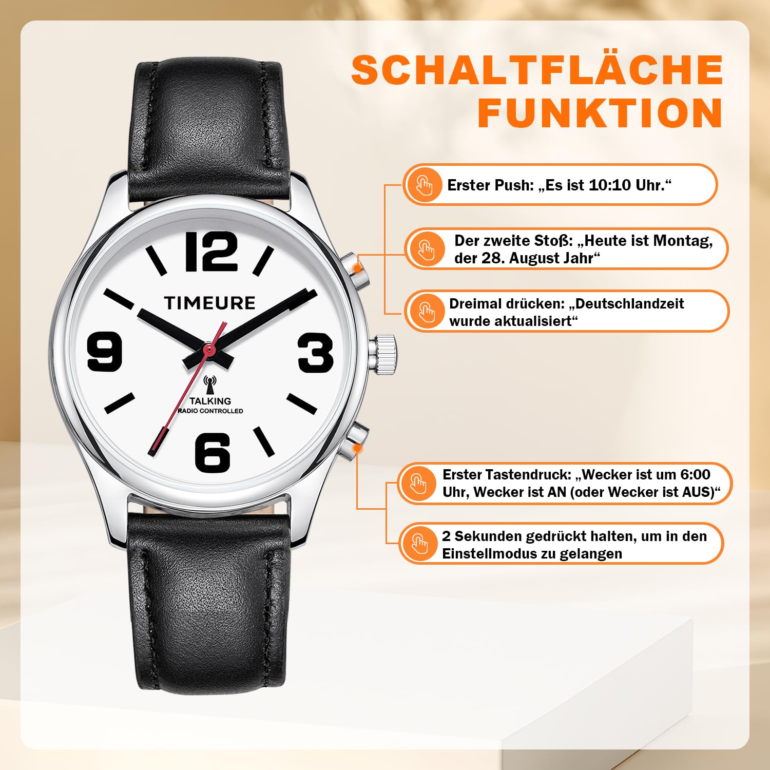 TIMEURE-2309L Sprechende Funkarmbanduhr mit Analoganzeige | Sprachansage von Uhrzeit und Datum. Automatische Zeiteinstellung. Alarm und einstellbarer Stundenschlag.
