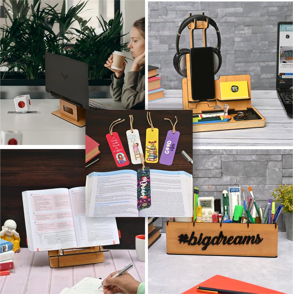 GKD Desk Organizer Combo 5 pc Set of Wooden Laptop Stand, Book Reading Stand, Motivational Big Dream Storage Box for stationaries and Unique Headphone and Mobile Accessories Stand (B0C9QX826P) Amazon Price History, Amazon Price Tracker