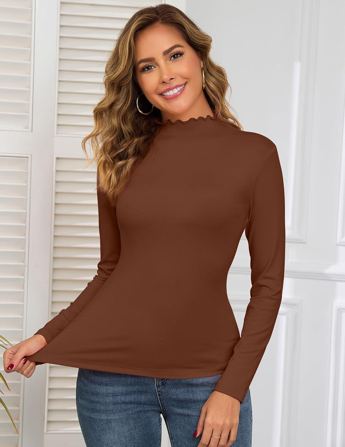 Mock Neck Tops for Women Long Sleeve Shirts Lettuce Trim Casual Slim Fit Tee Shirt Fall Layer Clothes Outfits 2025 - Image 3