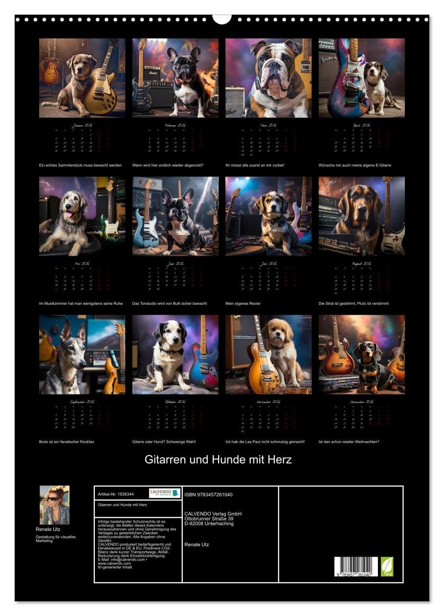 Gitarren und Hunde mit Herz (Wandkalender 2026 DIN A2 hoch), CALVENDO Monatskalender: Amüsante Darstellungen von Hunden, die mit Stolz die Gitarre ihres Herrchens präsentieren (CALVENDO Kunst)
