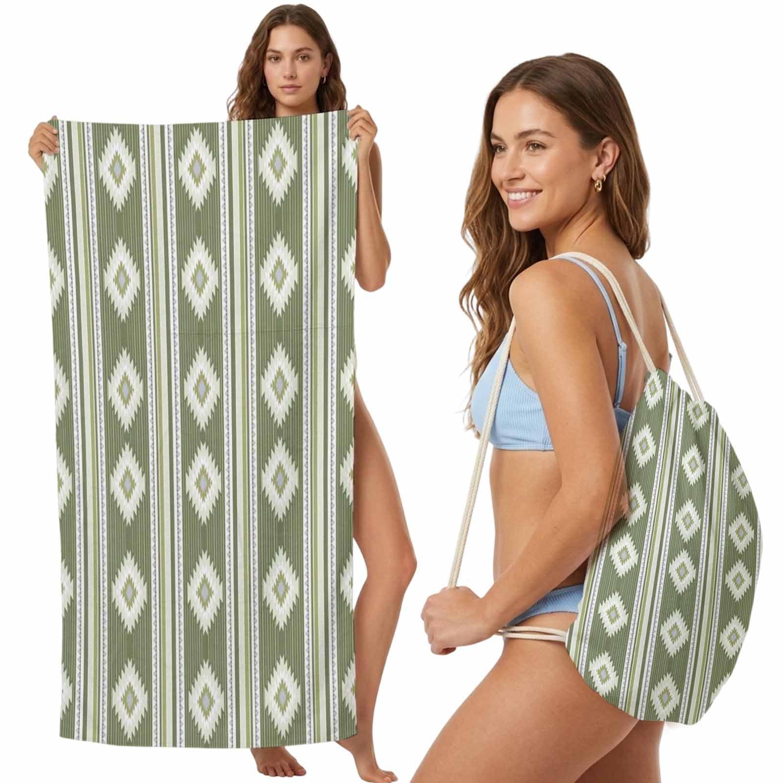 Beach Towel Bag 2 in 1 Sage Green Diamonds Stripes Bath Pool Towels Backpack Geometric Vertical Striped Lines Absorbent Beach Towel Soft Quick Dry Packable Towels Drawstring Bag for Travel Sports