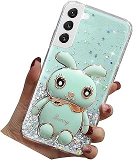 Rnrieyta Miagon Rabbit Glitter Stand Case for Samsung Galaxy S21 Plus,Bling Transparent Soft TPU Protective Slim Shockproof Cover with Cute Bunny Holder Kickstand,Green