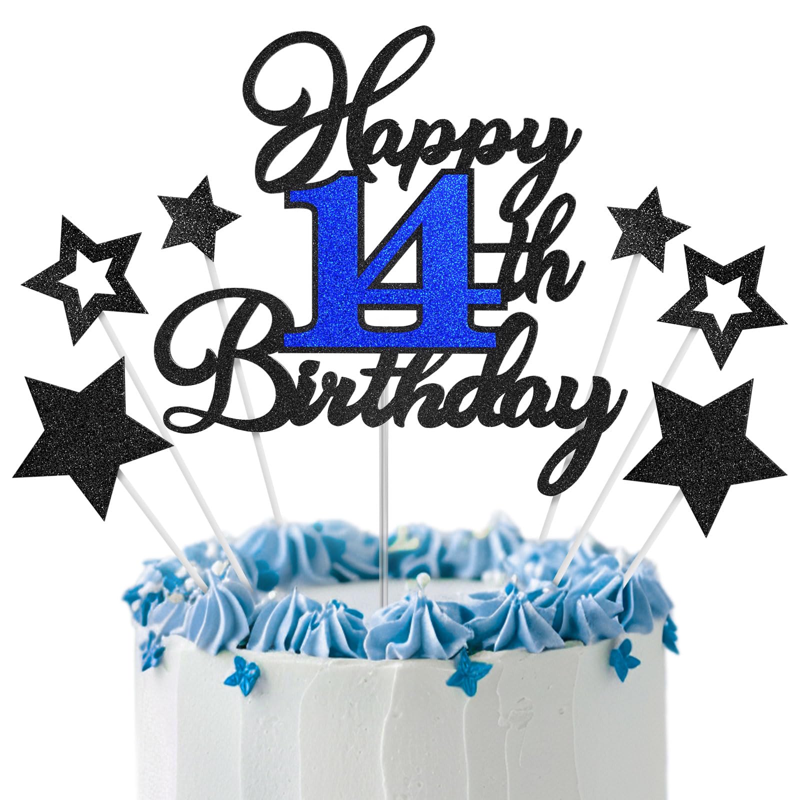 14th Birthday Cake Topper, Black Blue Happy Birthday Cake Toppers for Boy Girl, 14 Years Old Birthday Party Supplies, Glitter Cake Decor, 14th Birthday Cake Decorations