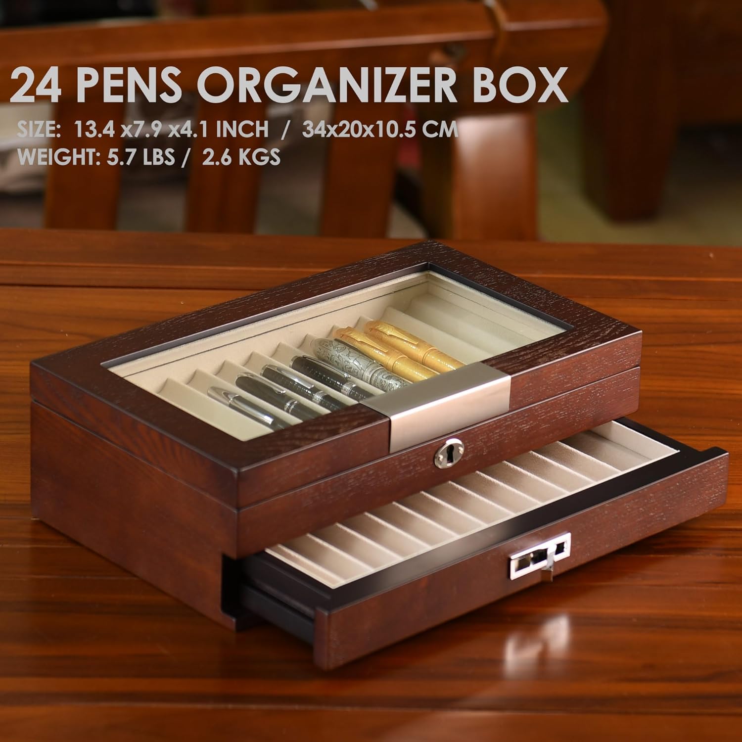 Wood Pen Organizer Box 24 Slot Fountain Pen Display Case with Drawer, Top Glass Window and Lockable Pen Collection Storage Box for Men Gift (24 Slots - Brown w Cream Velvet)